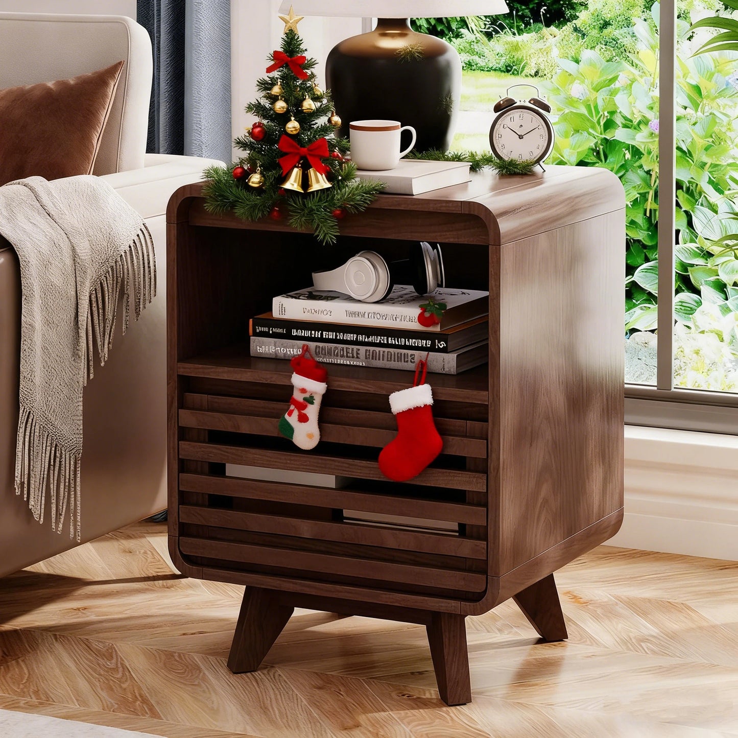 SOLACE FURNITURE Nightstand with Drawer Storage Grille Bed Side Table