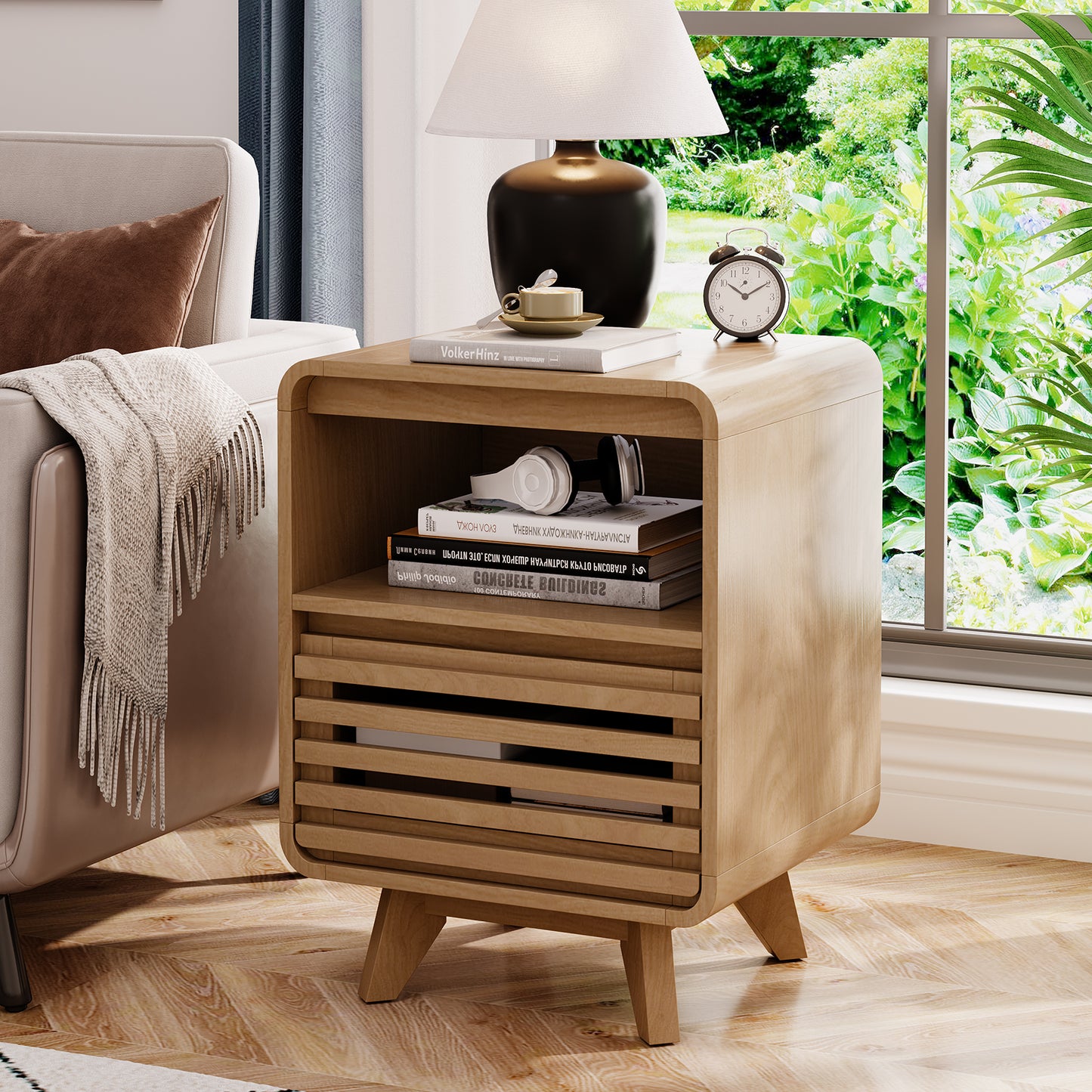 SOLACE FURNITURE Nightstand with Drawer Storage Grille Bed Side Table