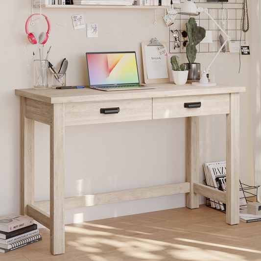 Rustic Farmhouse Office Desk - 2 Spacious Drawers, Bin-Style Pulls, Pre-Assembled Drawer Box, Adjustable Levelers, Natural Oak Finish