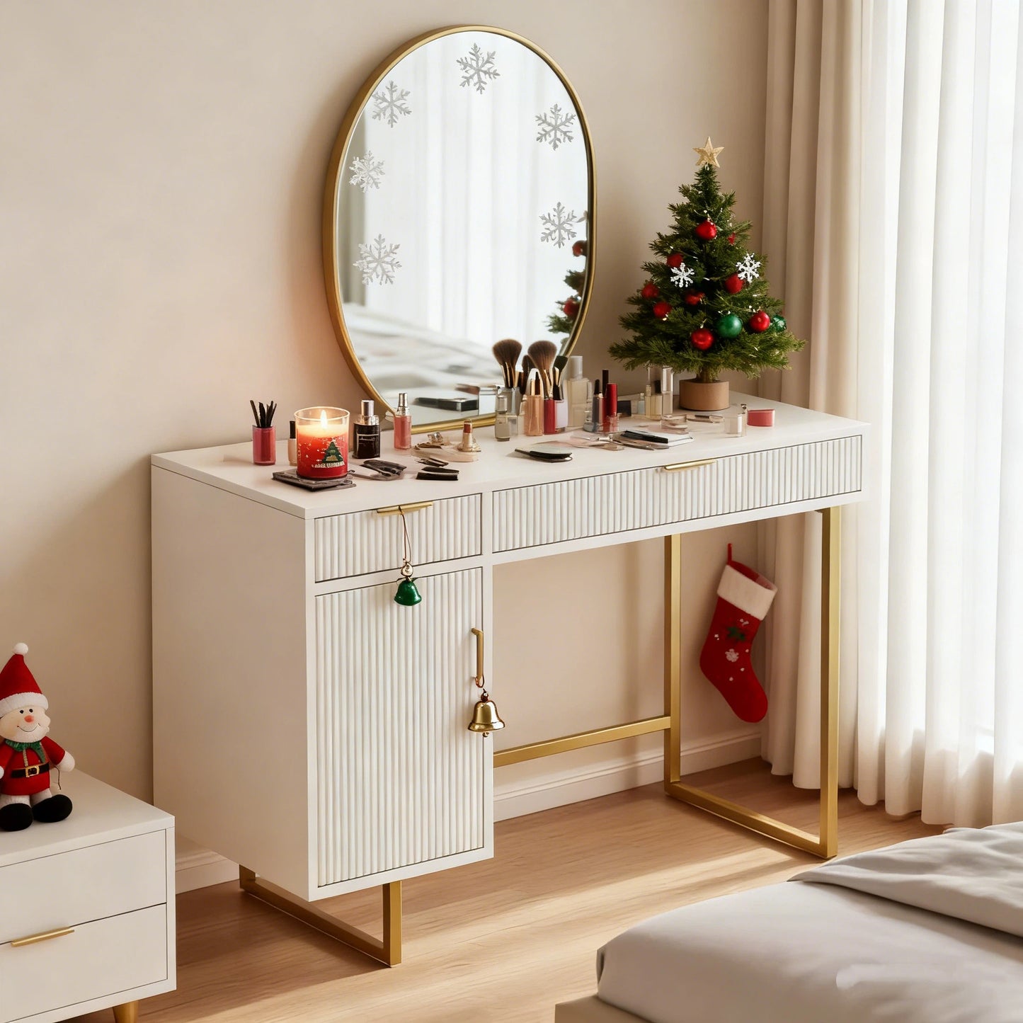 SOLACE FURNITURE White Computer Desk with 2 Drawers and 1 Cabinet Storage, Modern Home Office Writing Table