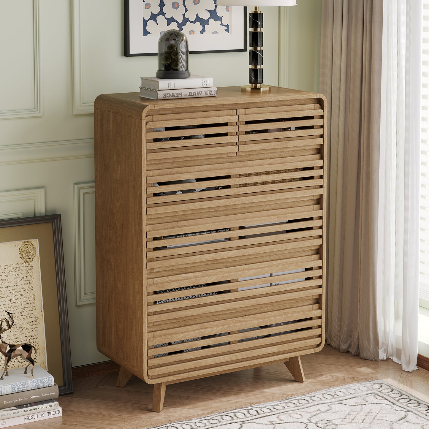 SOLACE FURNITURE Tall Dresser with 6 Drawers, Chests of Drawers with Grille & Curved Design
