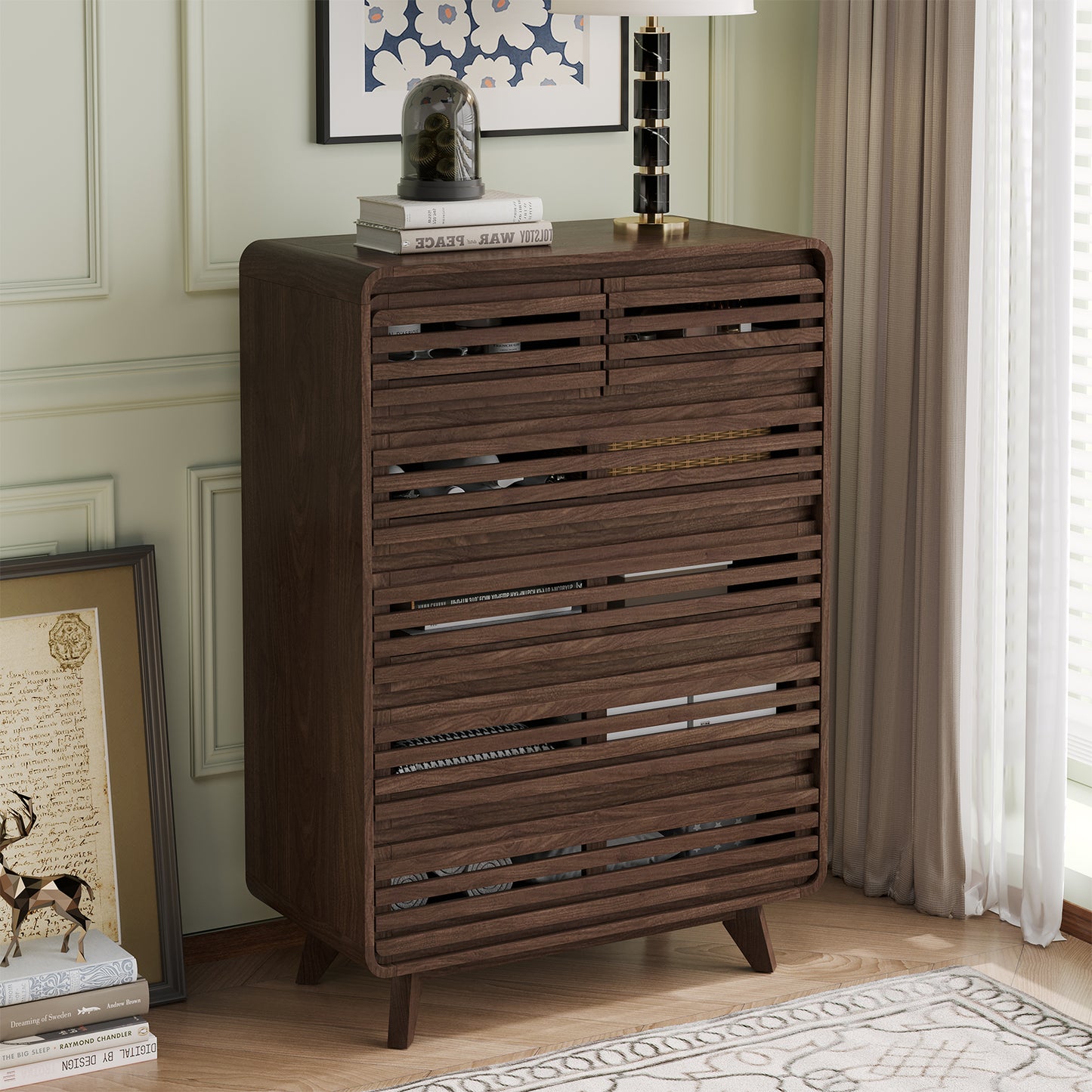 SOLACE FURNITURE Tall Dresser with 6 Drawers, Chests of Drawers with Grille & Curved Design