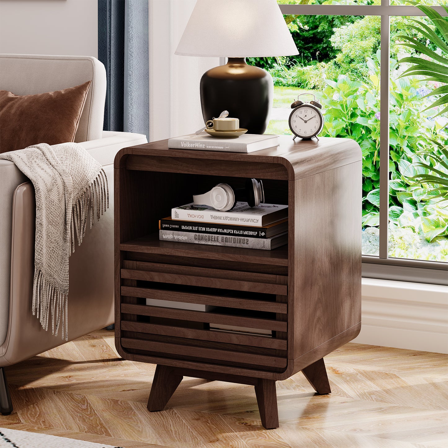 SOLACE FURNITURE Nightstand with Drawer Storage Grille Bed Side Table
