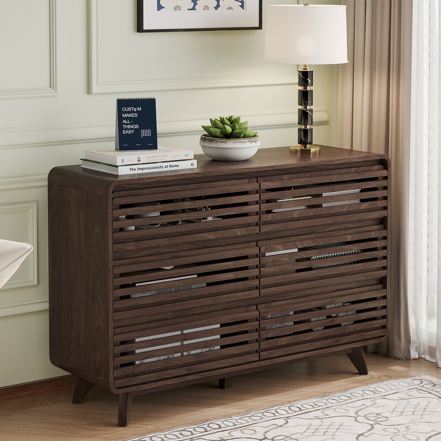 Fluted Dresser for Bedroom, Wide 6 Drawers Dresser, Chests of Drawers with Grille