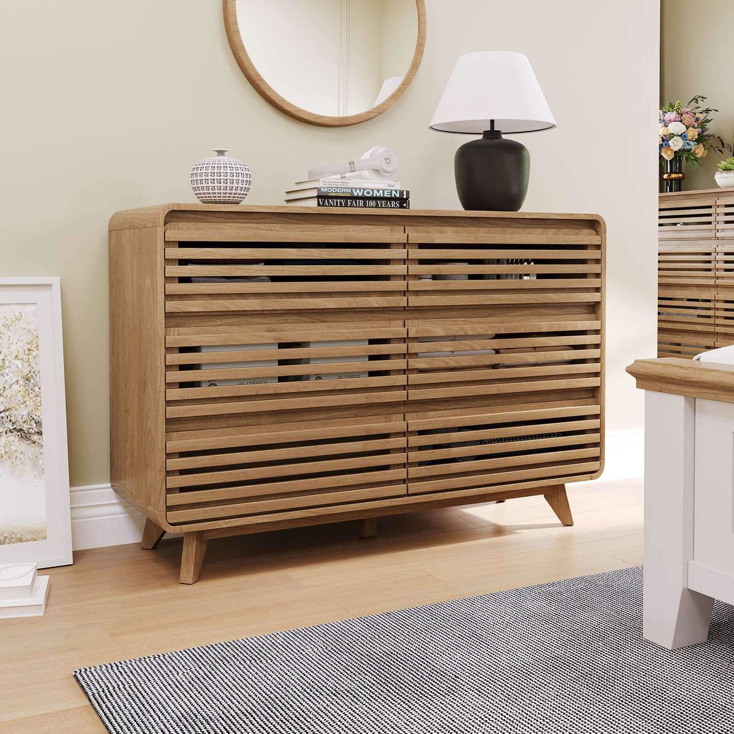 Fluted Dresser for Bedroom, Wide 6 Drawers Dresser, Chests of Drawers with Grille