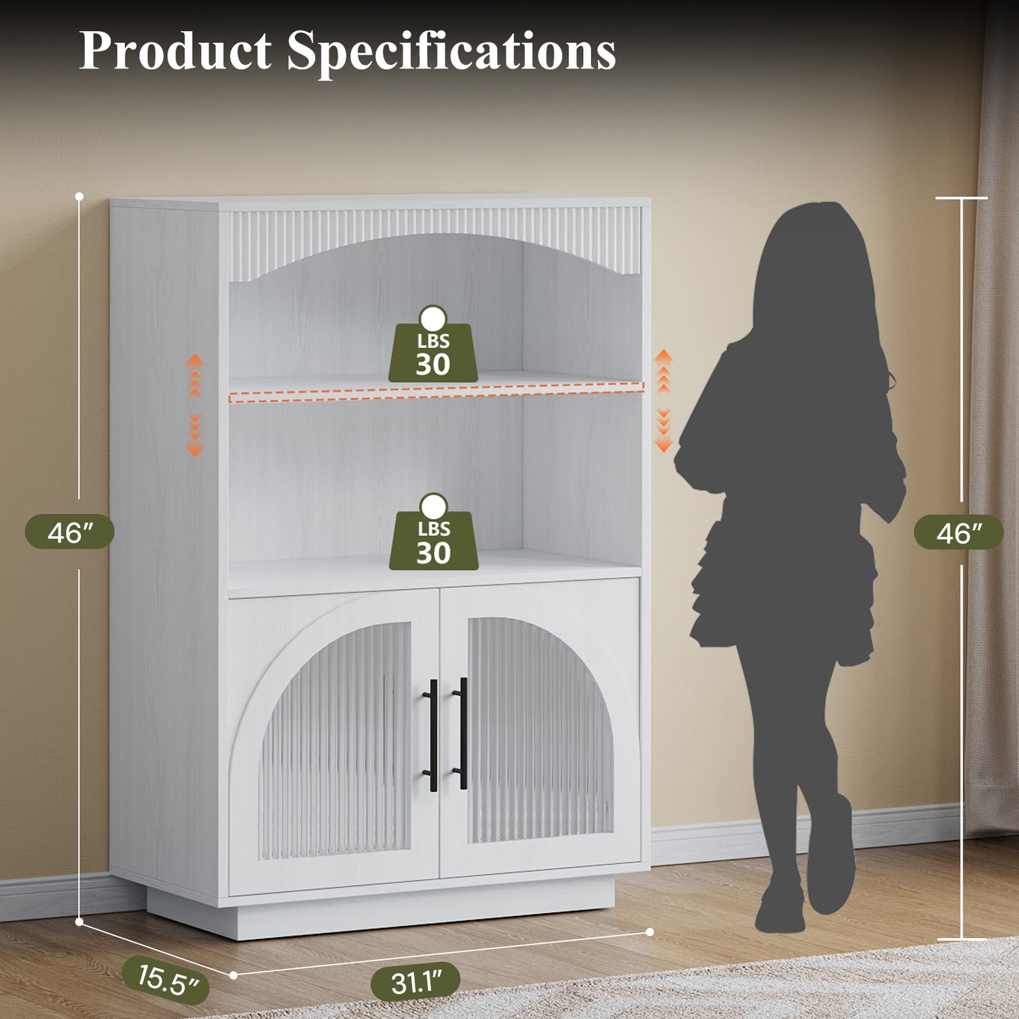 SOLACE FURNITURE 46" Bookshelf with Doors, Black Bookcase with Glass Door, 3 Tier Small Bookshelf