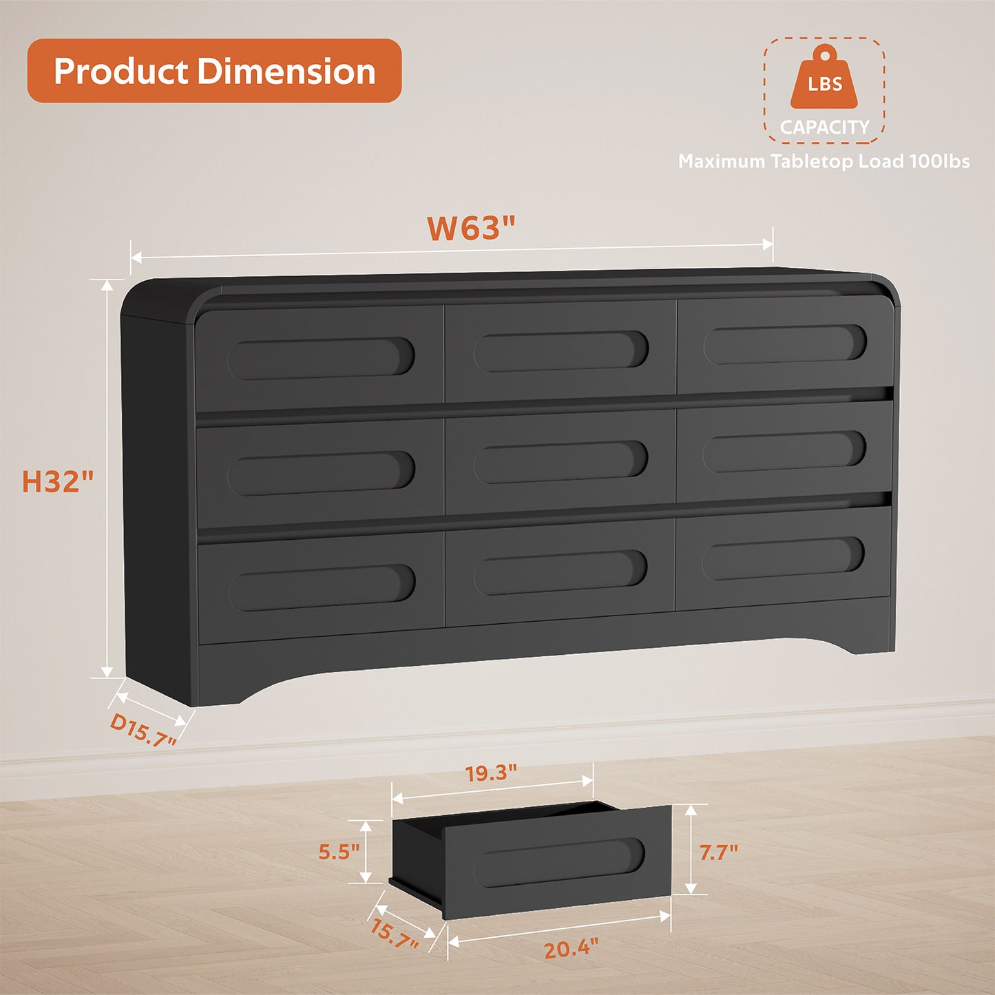 SOLACE FURNITURE 9 Drawers Dresser for Bedroom, 63" Wide Modern Dressers for Bedroom Living Room Hallway