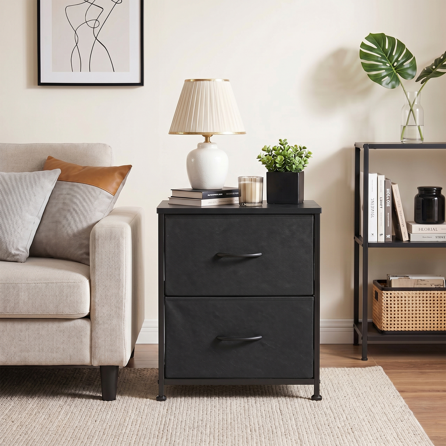 SOLACE FURNITURE Morden Nightstand with 2 Fabric Drawers,Bedside Table & End Table with Wooden Top