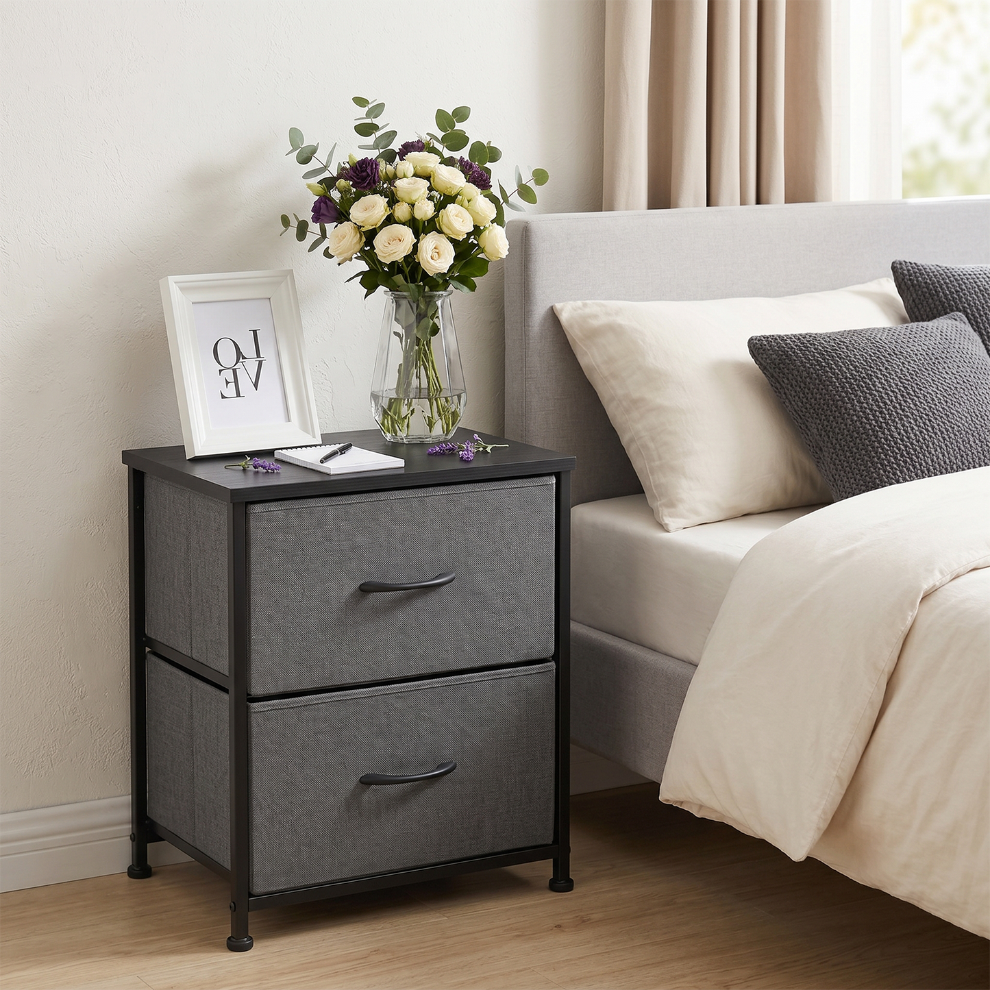 SOLACE FURNITURE Morden Nightstand with 2 Fabric Drawers,Bedside Table & End Table with Wooden Top
