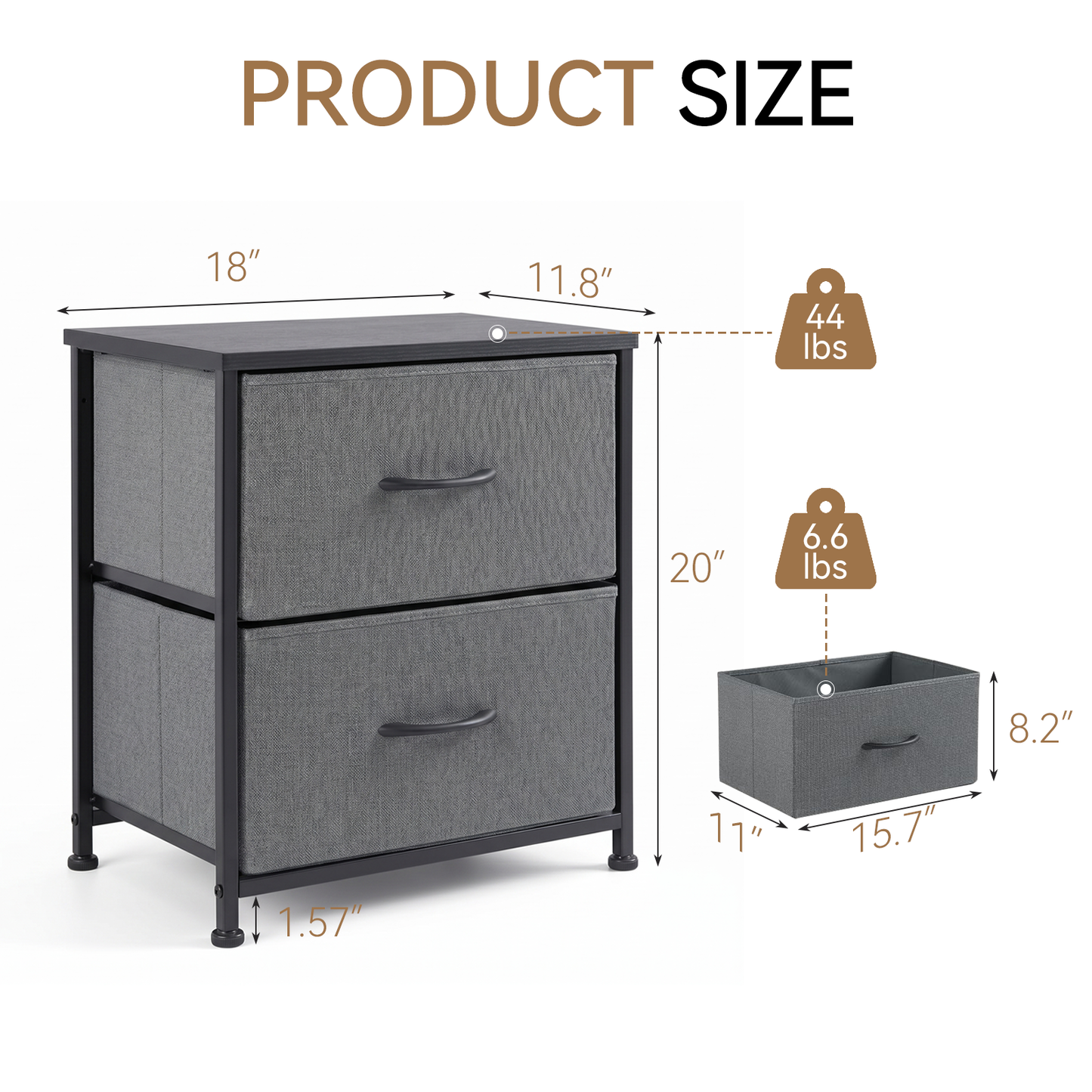 SOLACE FURNITURE Morden Nightstand with 2 Fabric Drawers,Bedside Table & End Table with Wooden Top