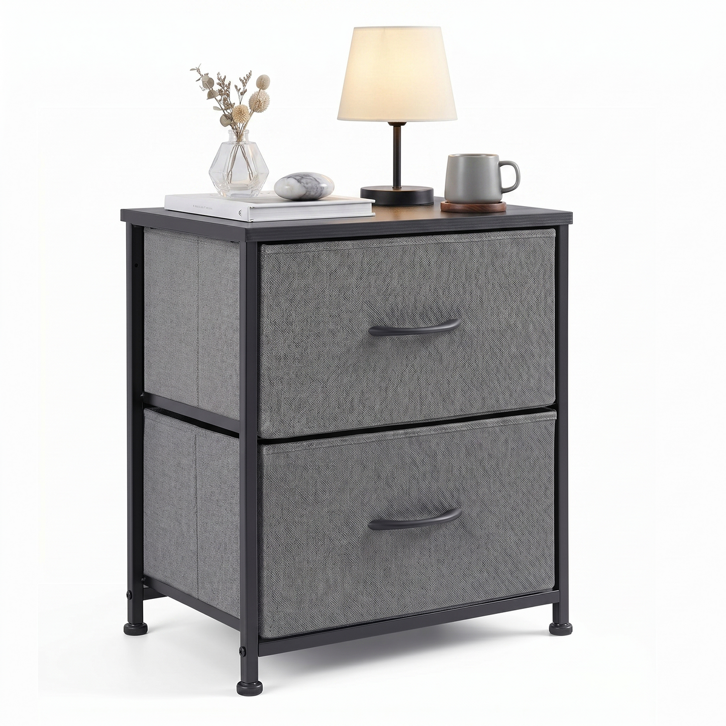 SOLACE FURNITURE Morden Nightstand with 2 Fabric Drawers,Bedside Table & End Table with Wooden Top