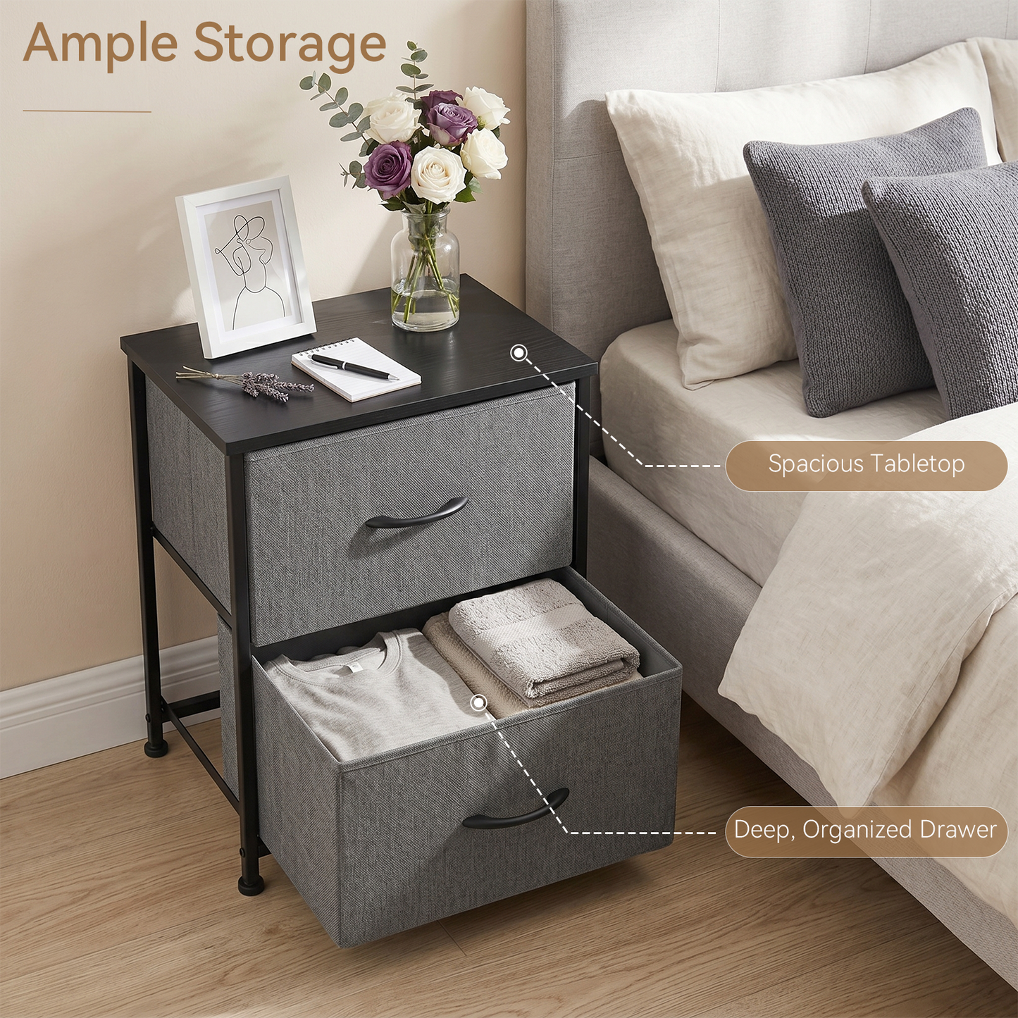 SOLACE FURNITURE Morden Nightstand with 2 Fabric Drawers,Bedside Table & End Table with Wooden Top