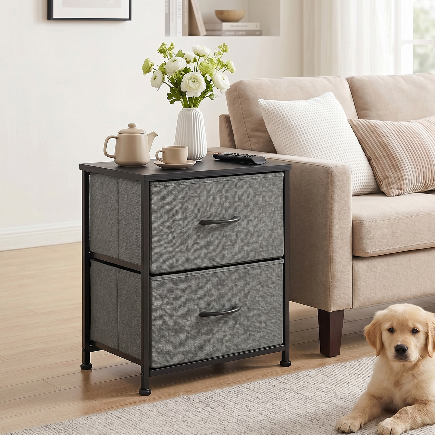 SOLACE FURNITURE Morden Nightstand with 2 Fabric Drawers,Bedside Table & End Table with Wooden Top