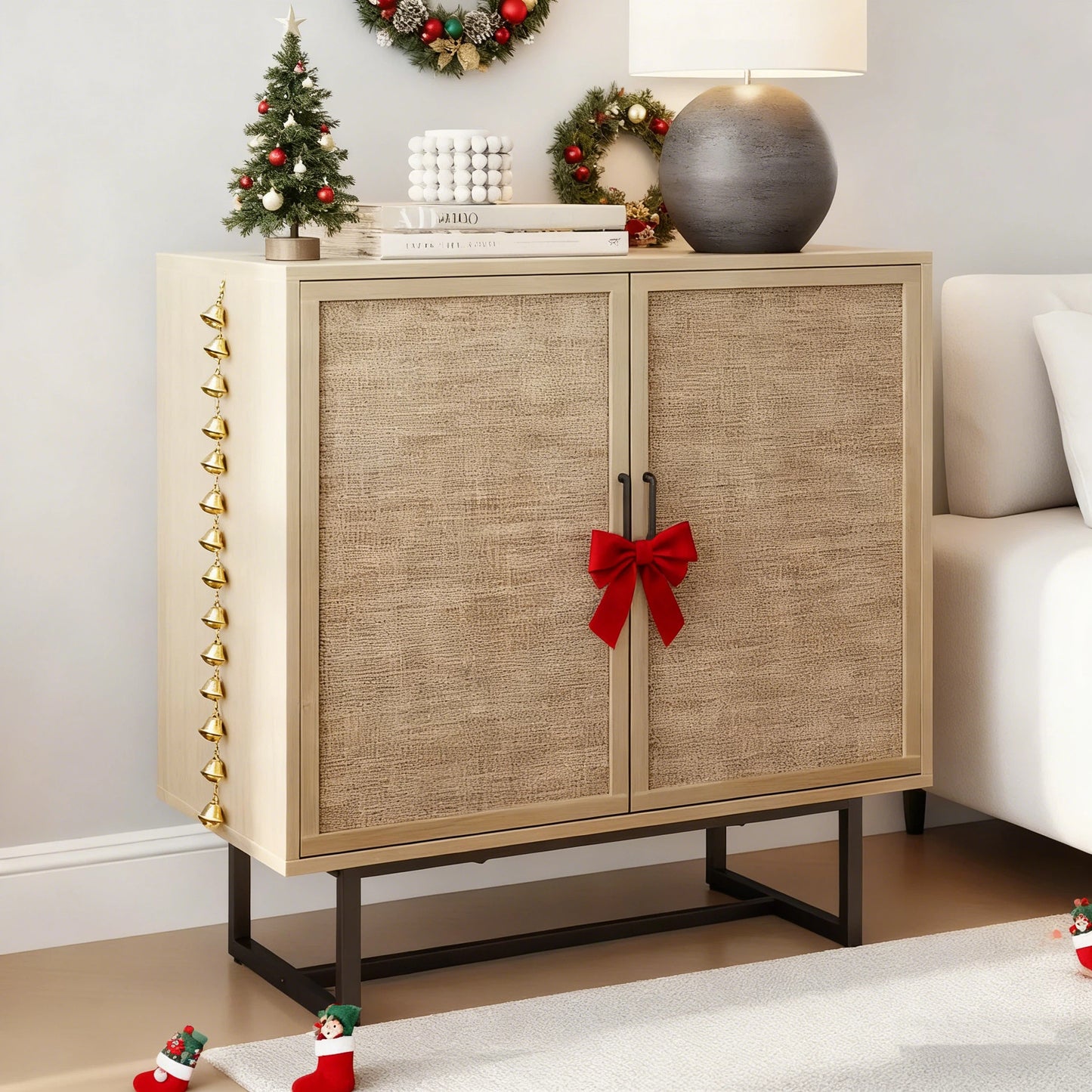 Wood and Rattan Storage Cabinet with Doors, 31.5" Wide 2-Tier Organizer Shelf, Freestanding Pantry Cabinet