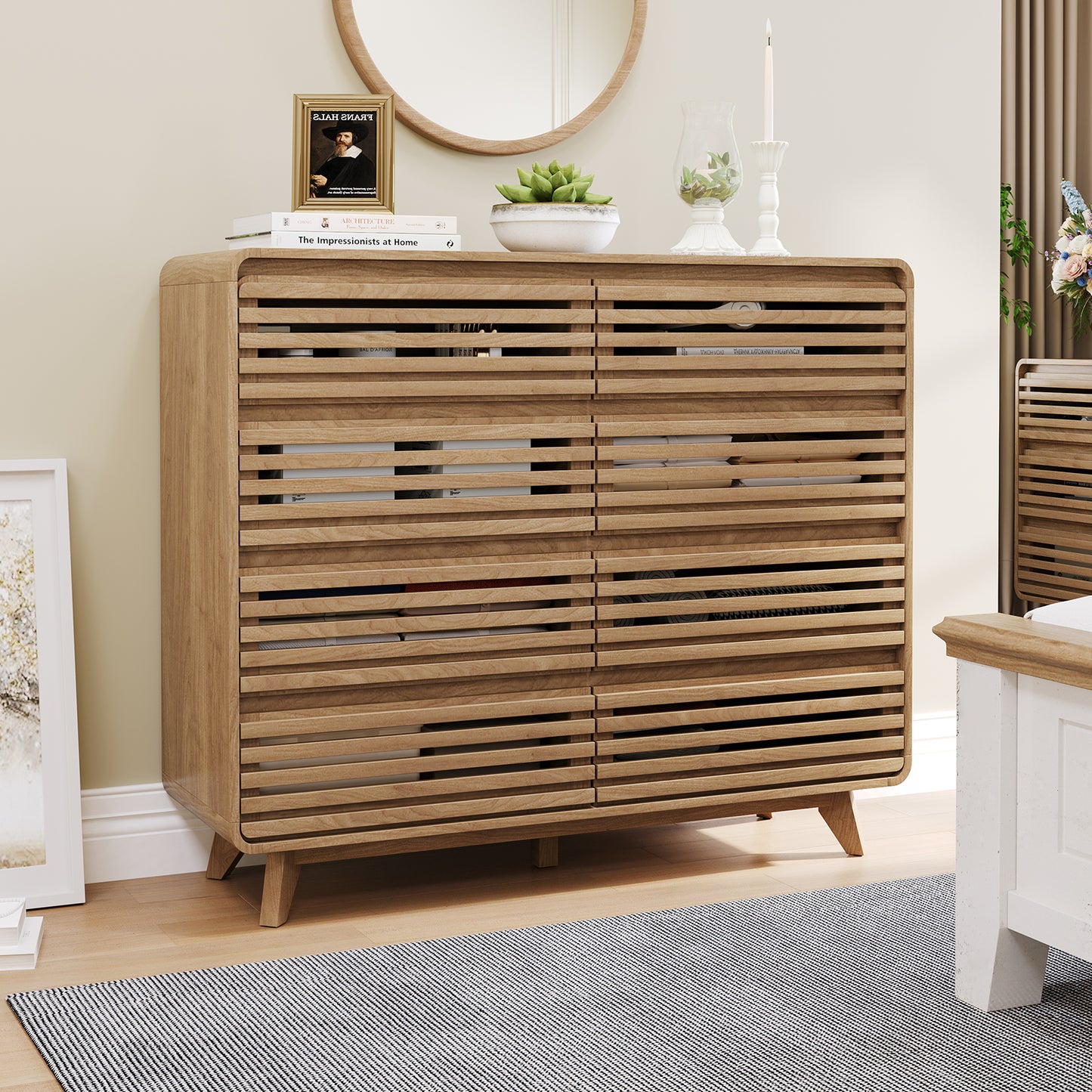 Fluted Dresser for Bedroom, Wide 8 Drawers Dresser, Chests of Drawers with Grille & Curved Design