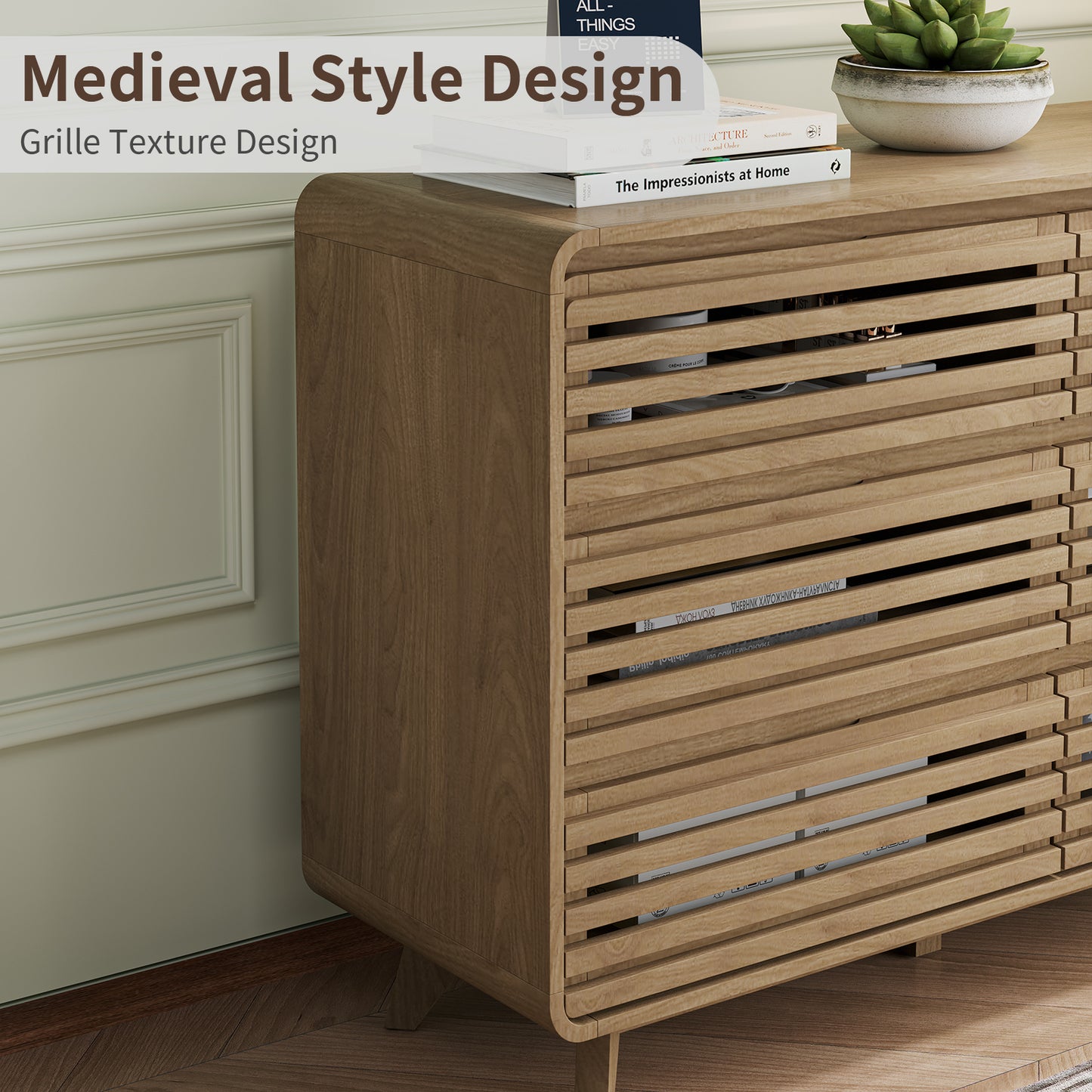 Fluted Dresser for Bedroom, Wide 6 Drawers Dresser, Chests of Drawers with Grille