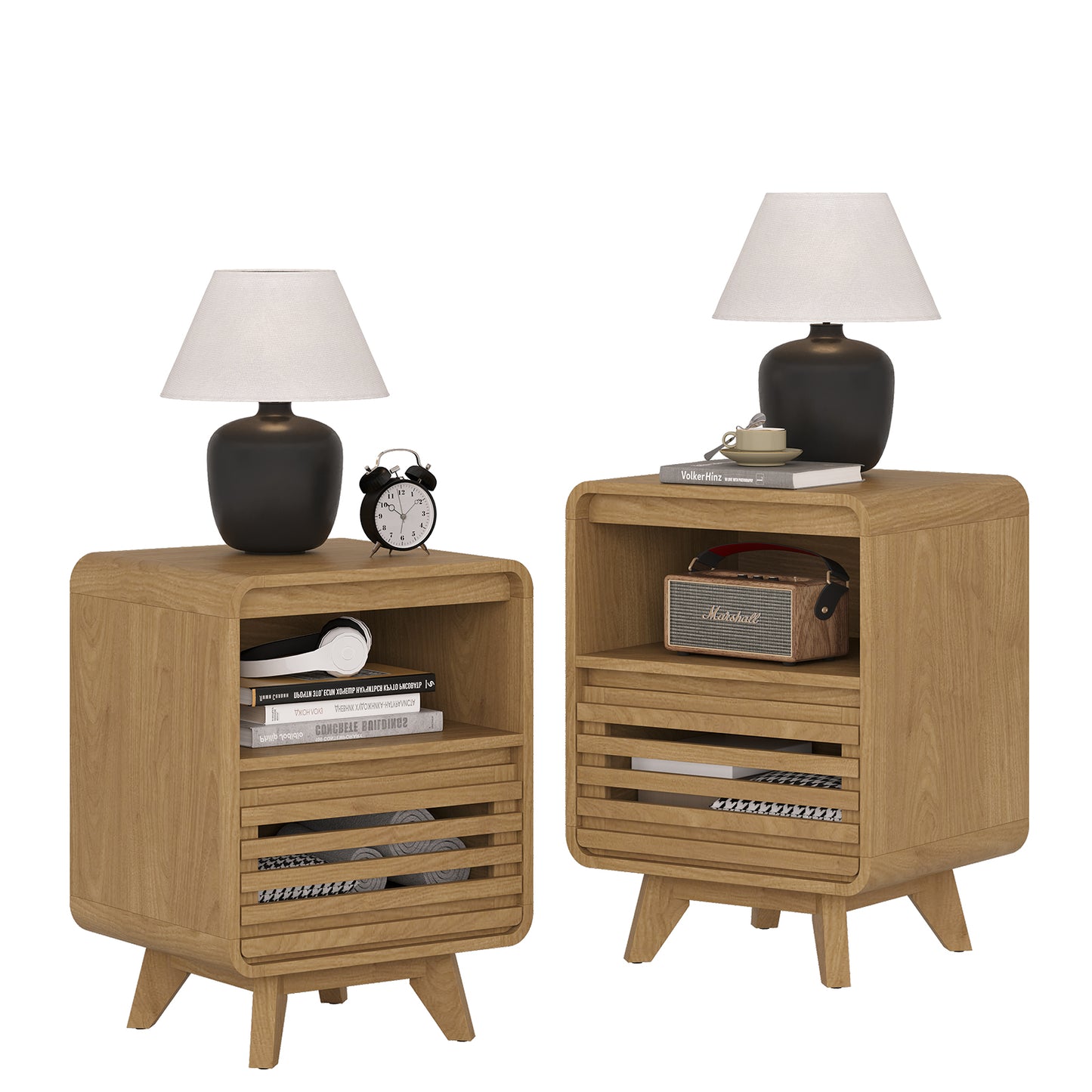 SOLACE FURNITURE Nightstand with Drawer Storage Grille Bed Side Table