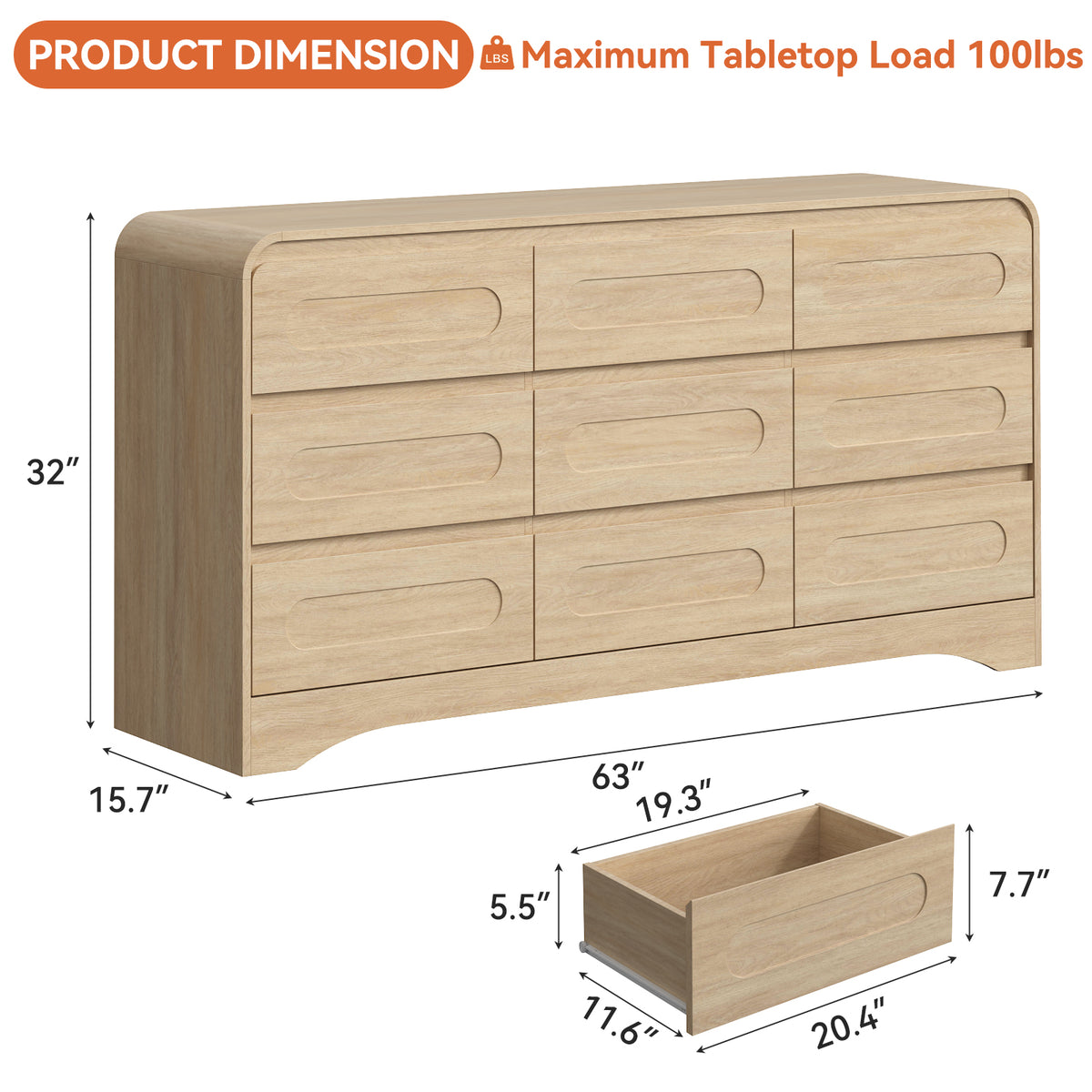 SOLACE FURNITURE 9 Drawers Dresser for Bedroom, 63" Wide Modern Dressers for Bedroom Living Room Hallway