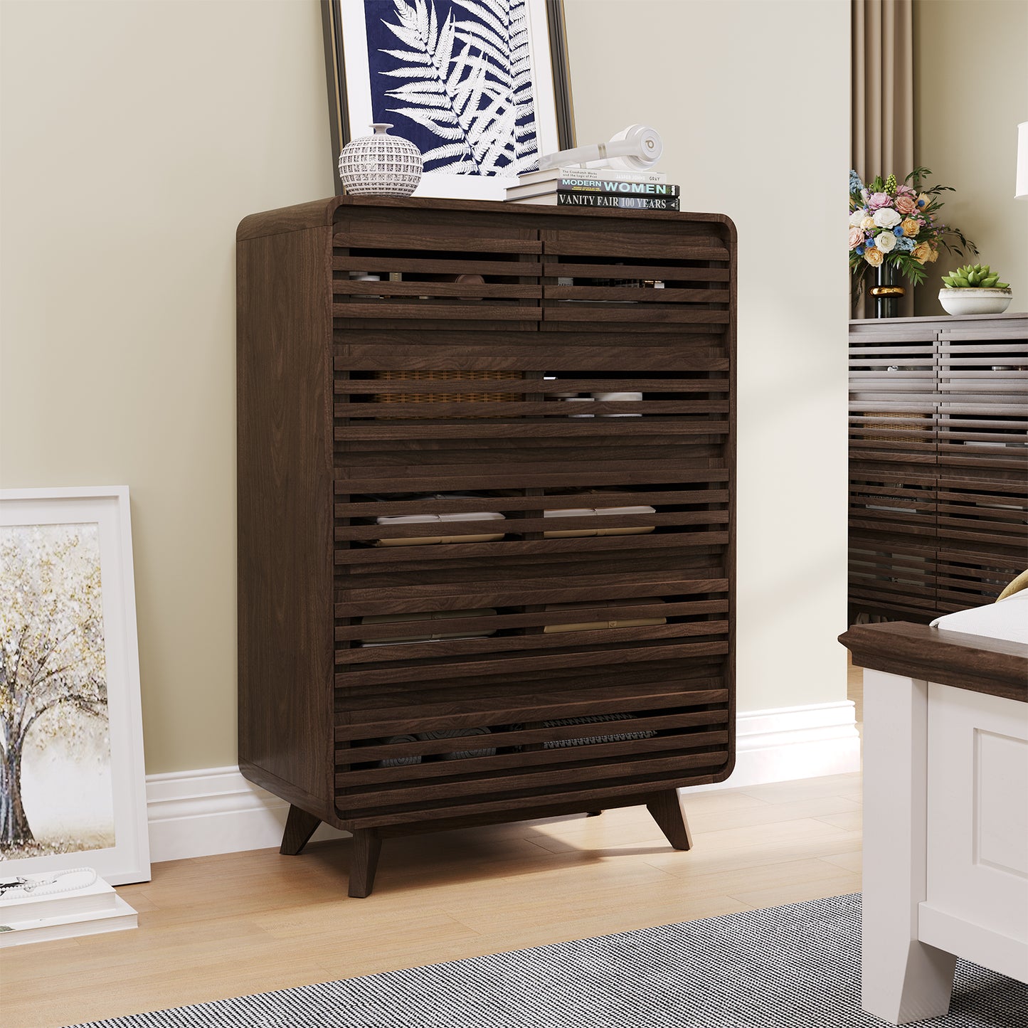 SOLACE FURNITURE Tall Dresser with 6 Drawers, Chests of Drawers with Grille & Curved Design
