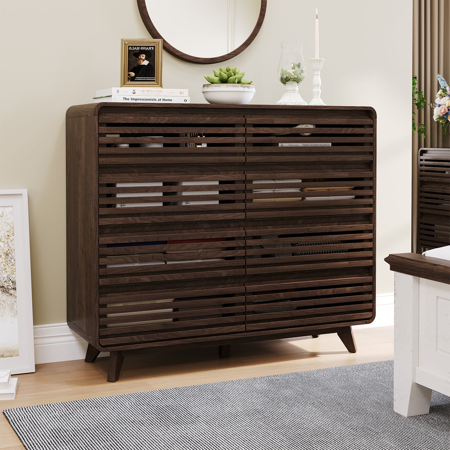 Fluted Dresser for Bedroom, Wide 8 Drawers Dresser, Chests of Drawers with Grille & Curved Design