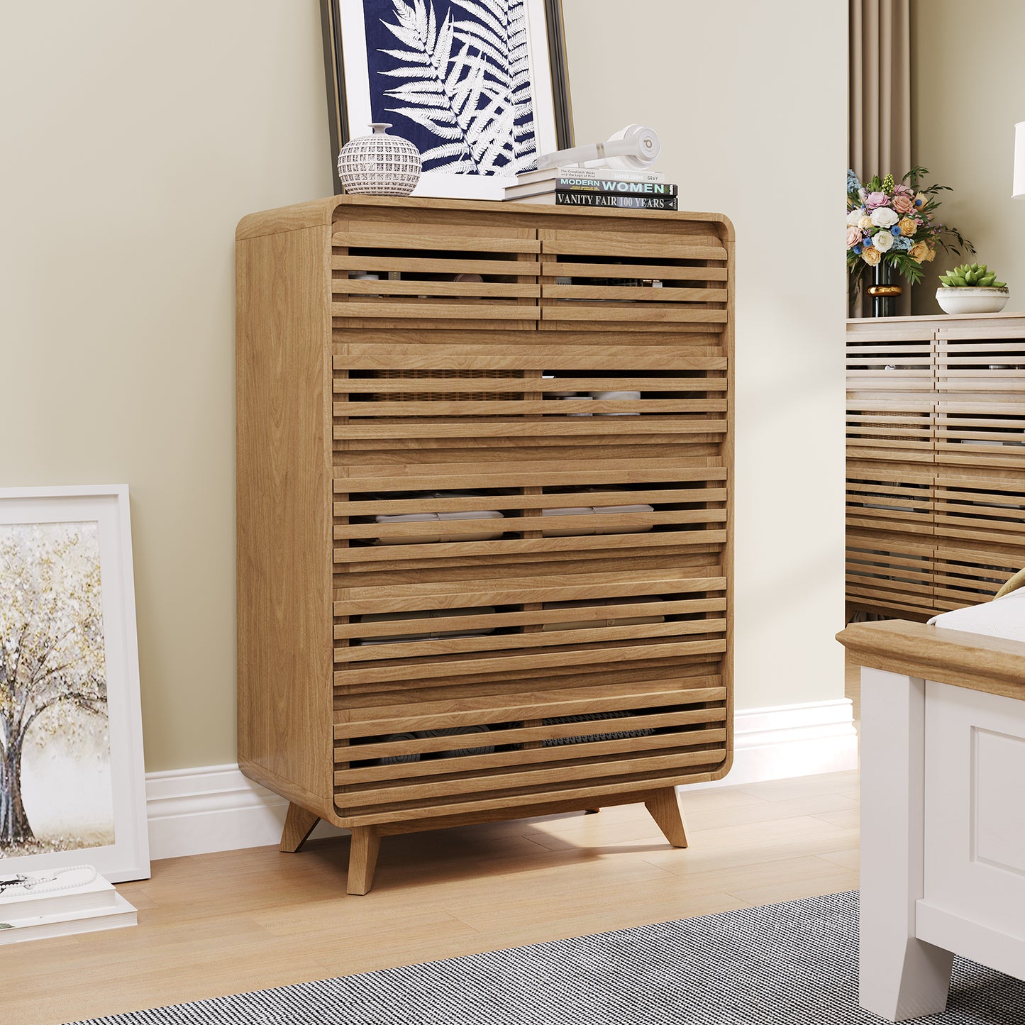 SOLACE FURNITURE Tall Dresser with 6 Drawers, Chests of Drawers with Grille & Curved Design