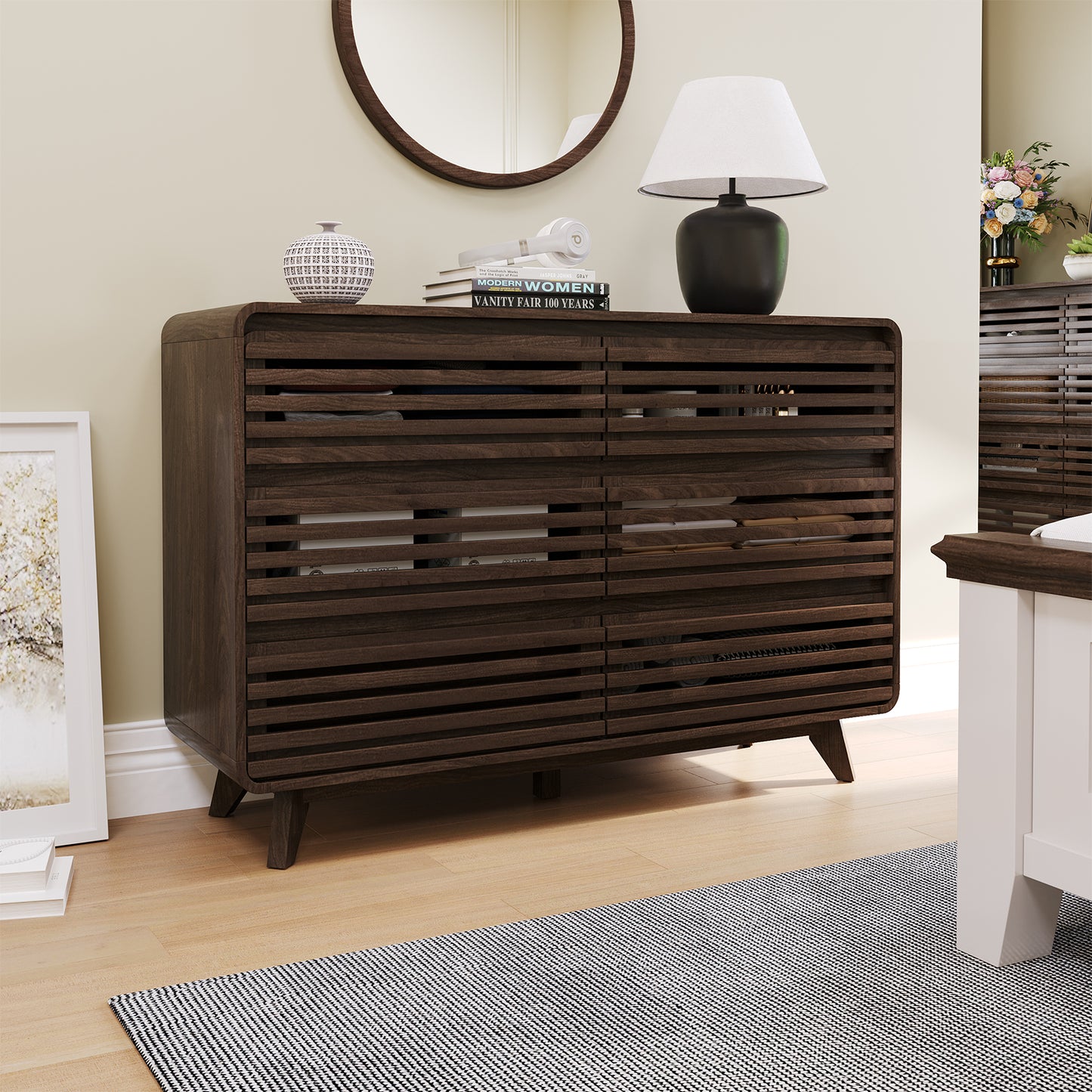 Fluted Dresser for Bedroom, Wide 6 Drawers Dresser, Chests of Drawers with Grille