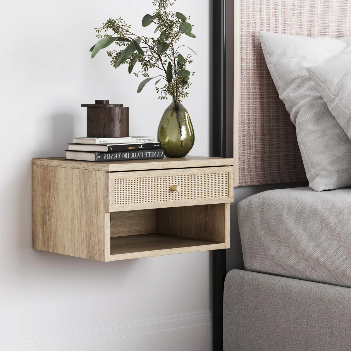 Oak Floating Bedside Table with Drawer, Wall Mount Nightstand, 15.7" Wide Modern Bedside Organizer