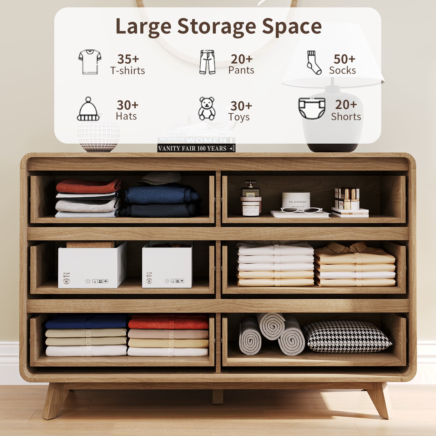 Fluted Dresser for Bedroom, Wide 6 Drawers Dresser, Chests of Drawers with Grille