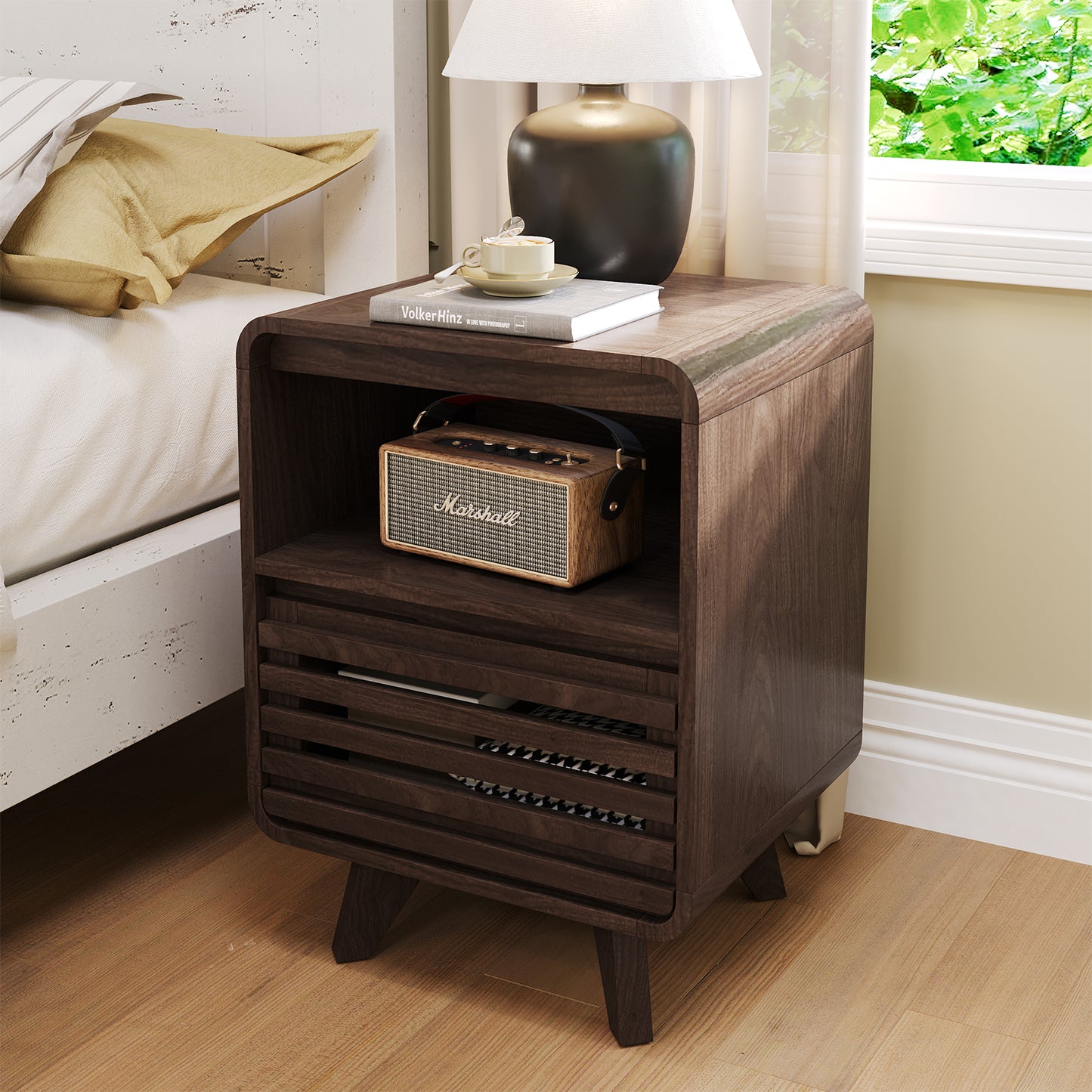SOLACE FURNITURE Nightstand with Drawer Storage Grille Bed Side Table