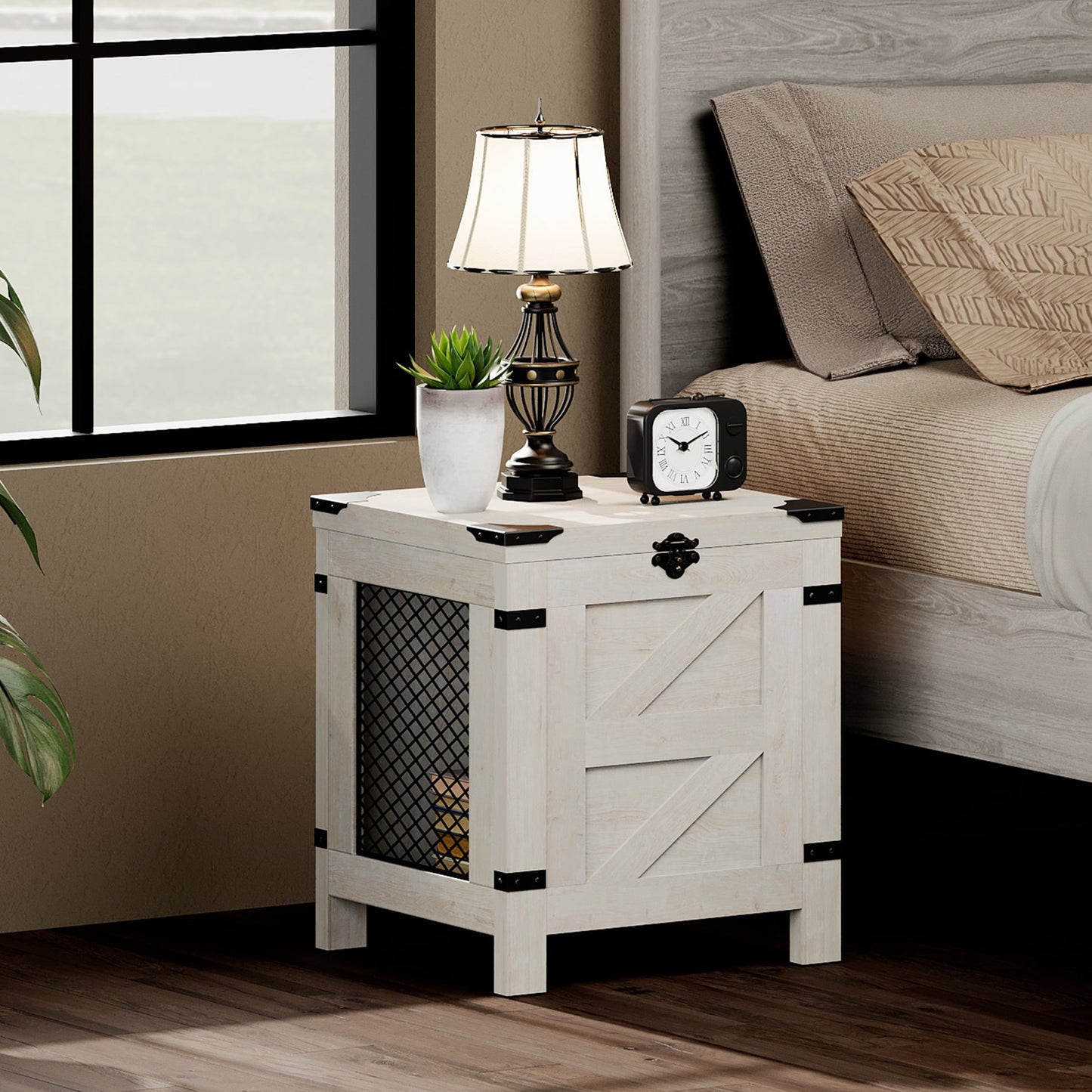 Small Space Side Table, Lift Top End Table, Rustic Nightstand with Storage Cabinet & Lock