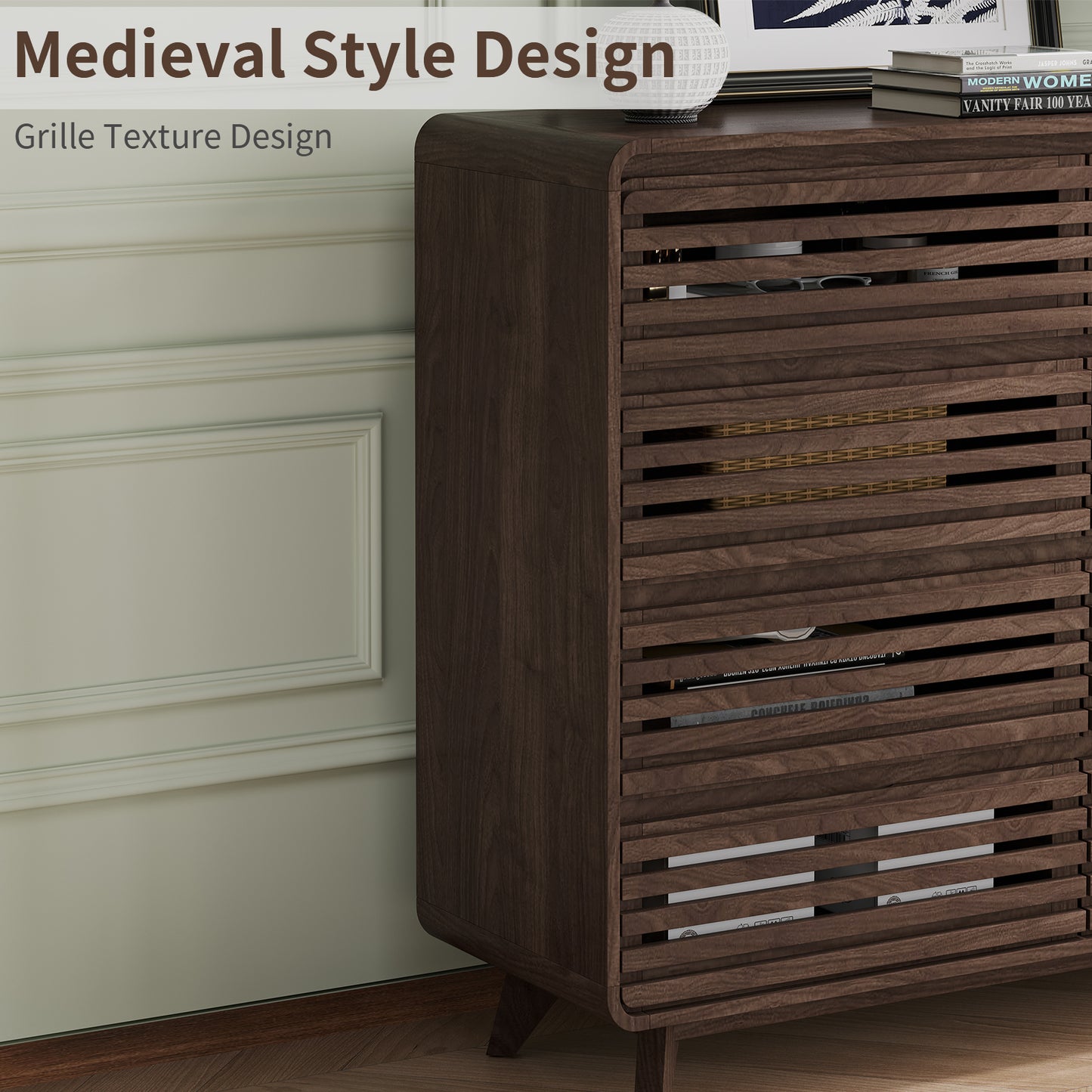 Fluted Dresser for Bedroom, Wide 8 Drawers Dresser, Chests of Drawers with Grille & Curved Design