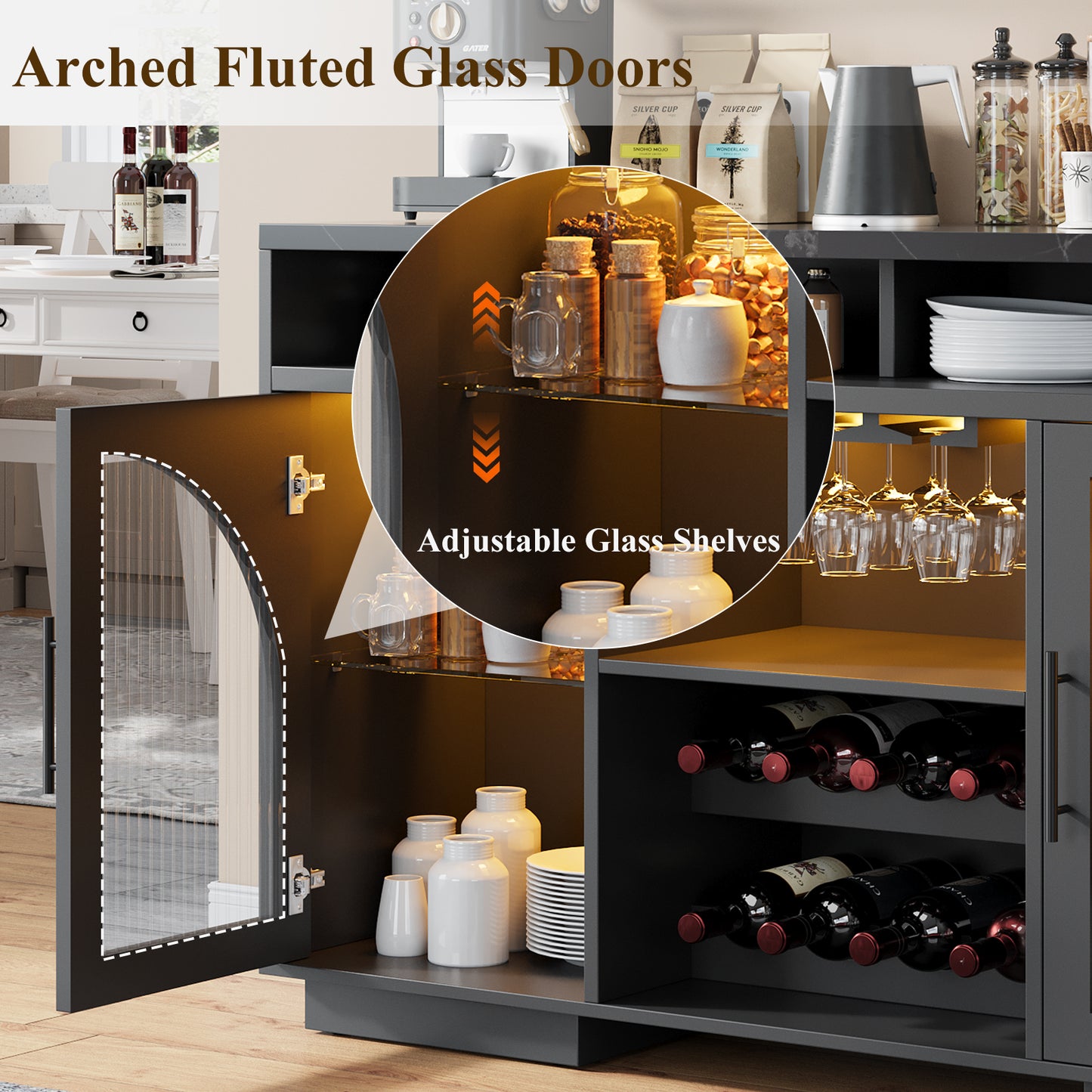 SOLACE FURNITURE Sideboard Buffet Cabinet, 54" Kitchen Cabinet with LED Lights & Arched Glass Doors