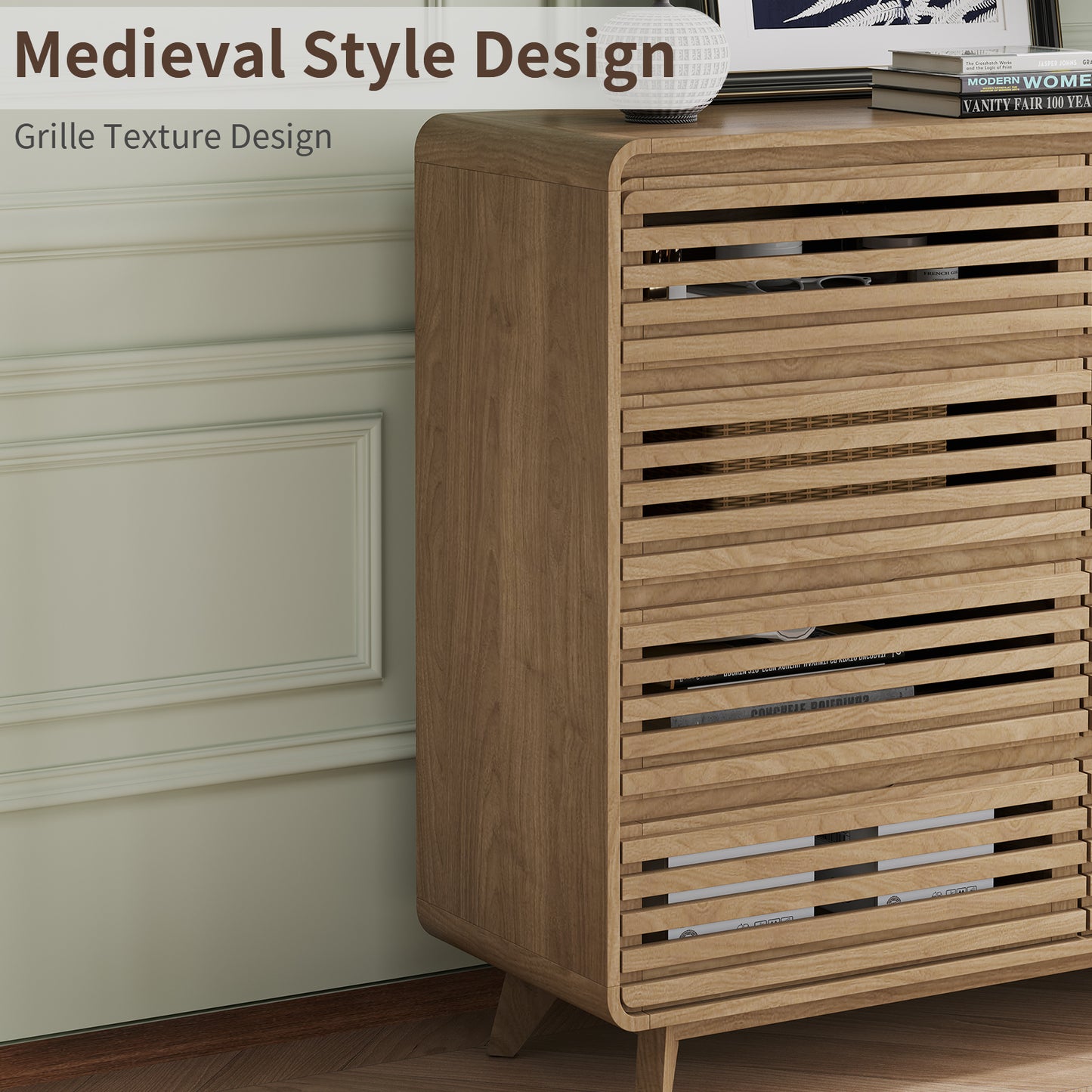 Fluted Dresser for Bedroom, Wide 8 Drawers Dresser, Chests of Drawers with Grille & Curved Design