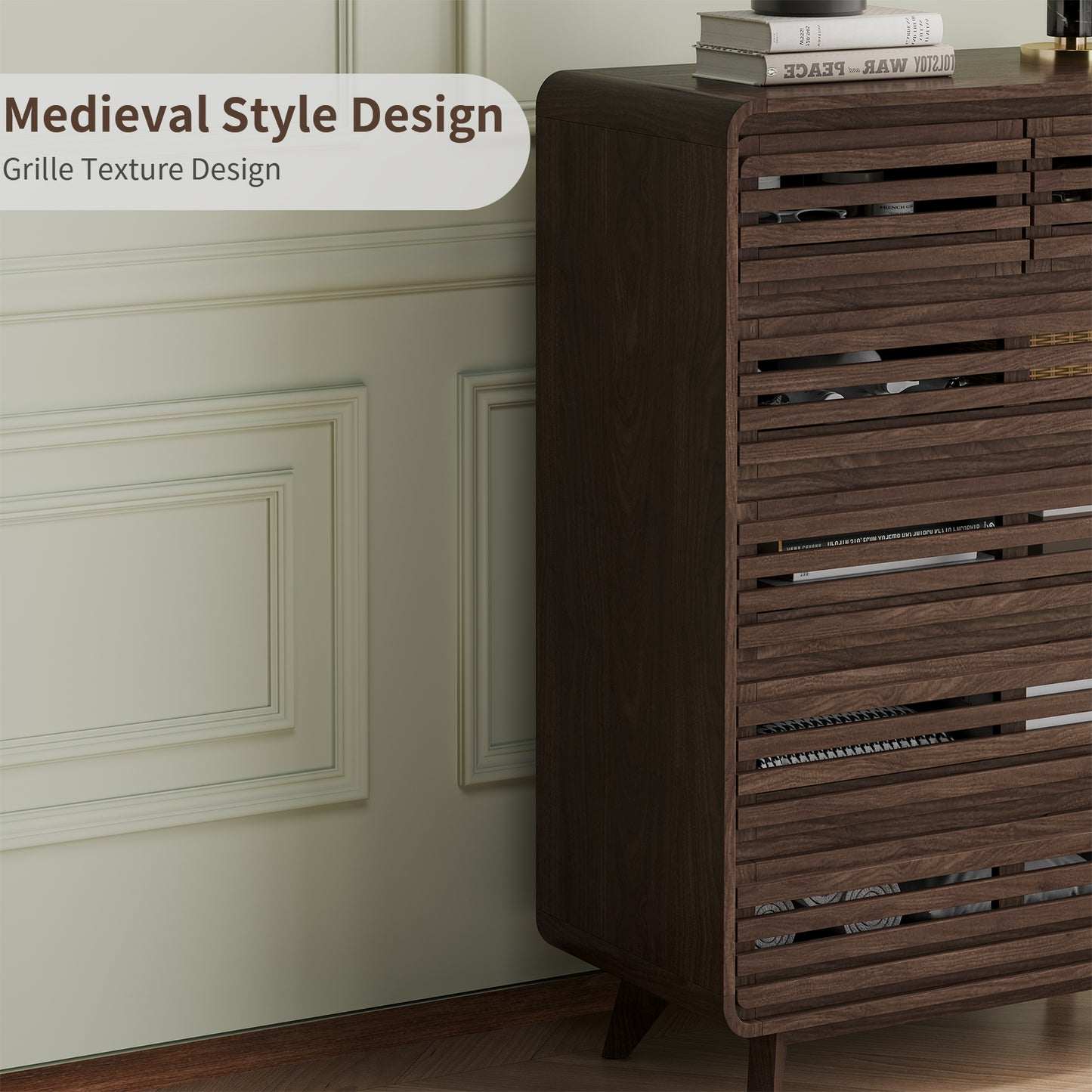 SOLACE FURNITURE Tall Dresser with 6 Drawers, Chests of Drawers with Grille & Curved Design