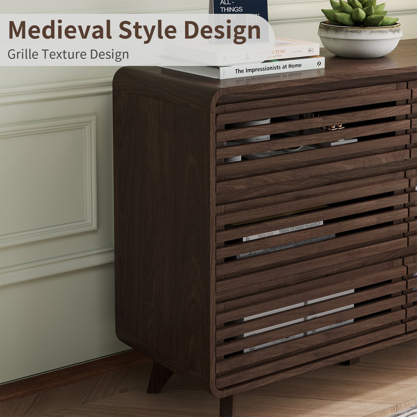 Fluted Dresser for Bedroom, Wide 6 Drawers Dresser, Chests of Drawers with Grille