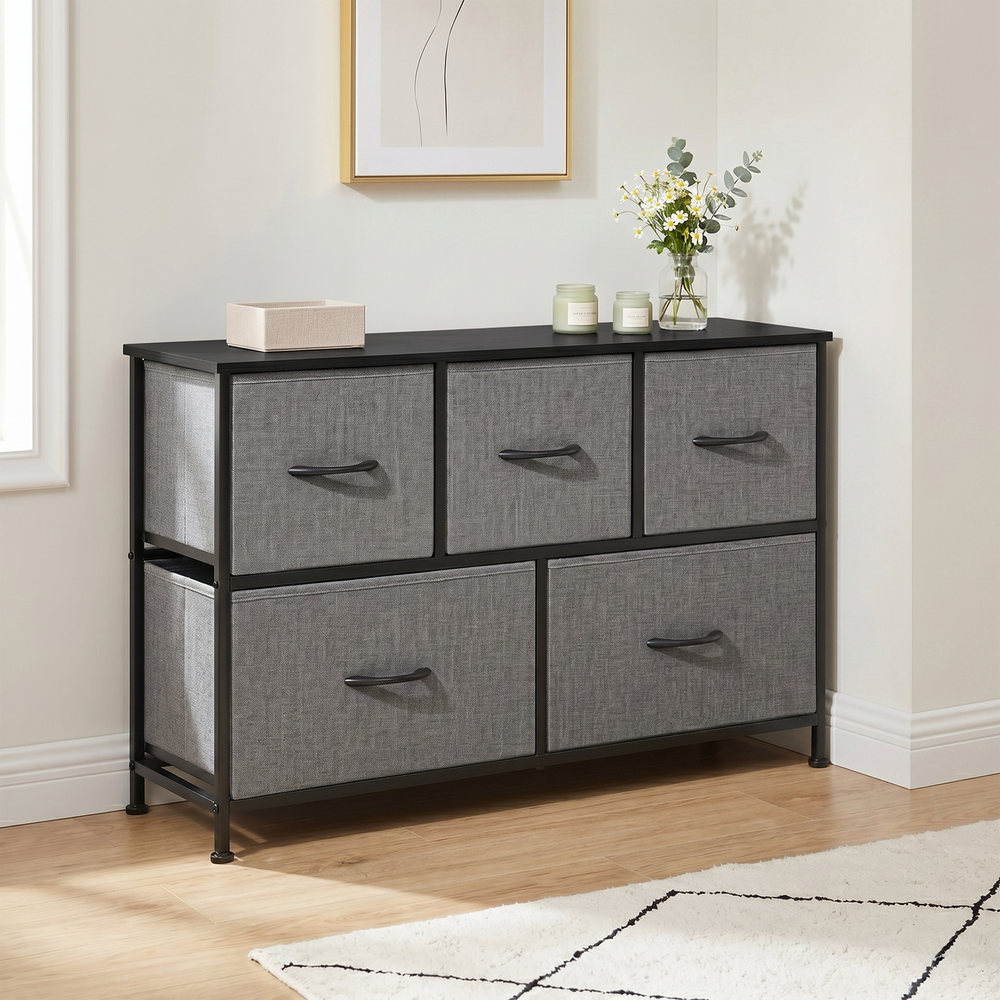 SOLACE FURNITURE Modern Dresser with 5 Fabric Drawers,TV Stand for 45" TV with Wooden Top for Bedroom,Living Room