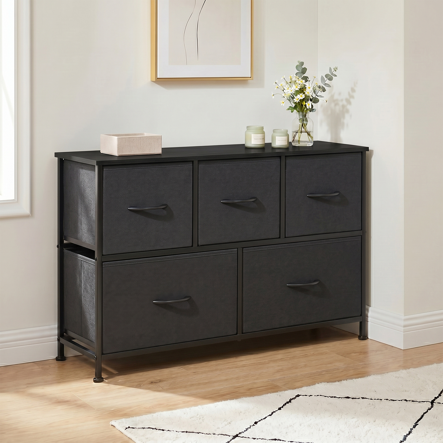 SOLACE FURNITURE Modern Dresser with 5 Fabric Drawers,TV Stand for 45" TV with Wooden Top for Bedroom,Living Room