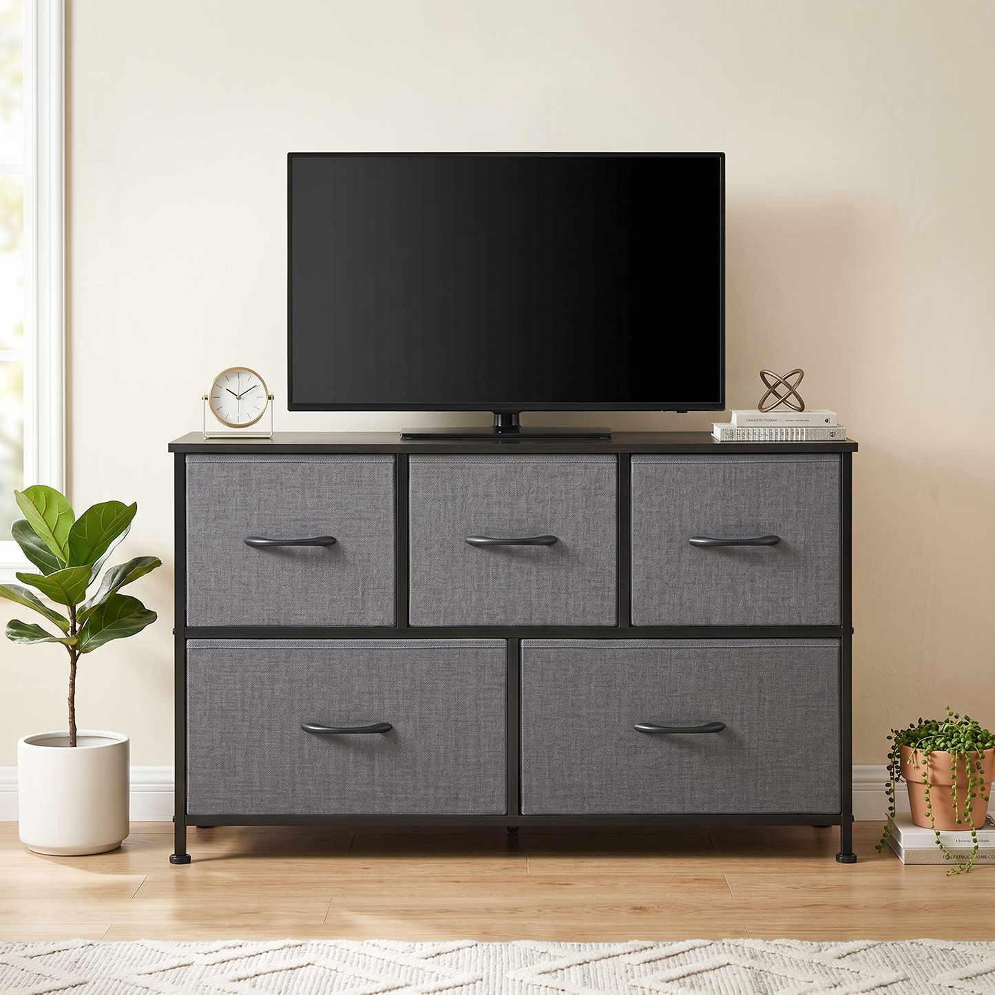 SOLACE FURNITURE Modern Dresser with 5 Fabric Drawers,TV Stand for 45" TV with Wooden Top for Bedroom,Living Room