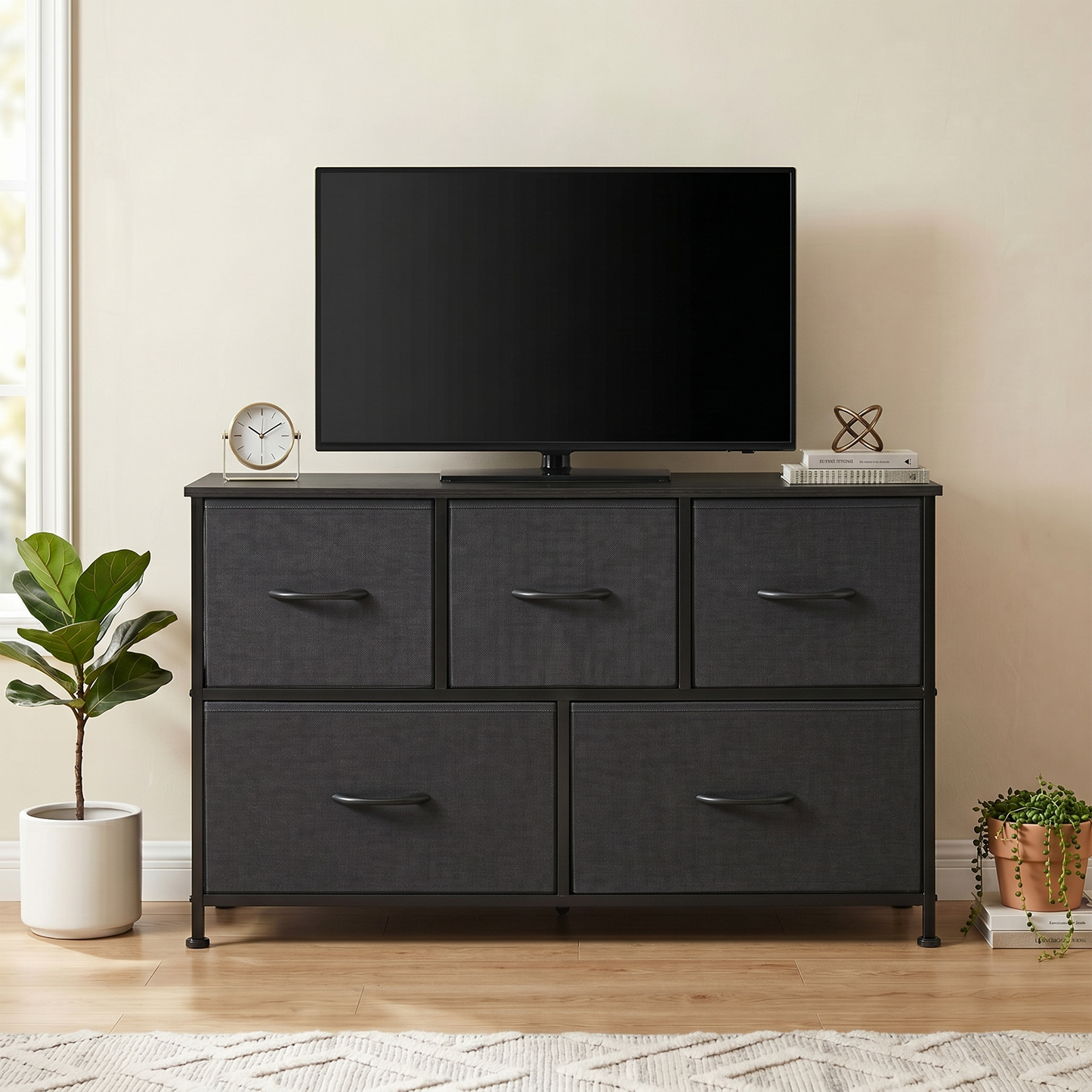 SOLACE FURNITURE Modern Dresser with 5 Fabric Drawers,TV Stand for 45" TV with Wooden Top for Bedroom,Living Room