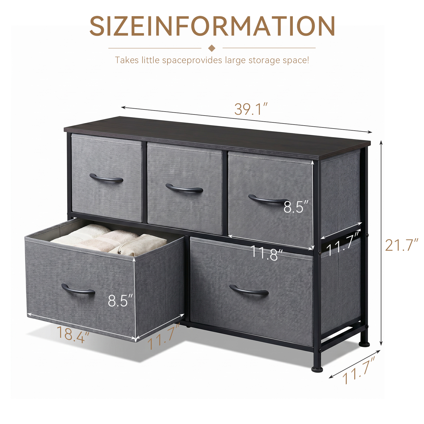 SOLACE FURNITURE Modern Dresser with 5 Fabric Drawers,TV Stand for 45" TV with Wooden Top for Bedroom,Living Room
