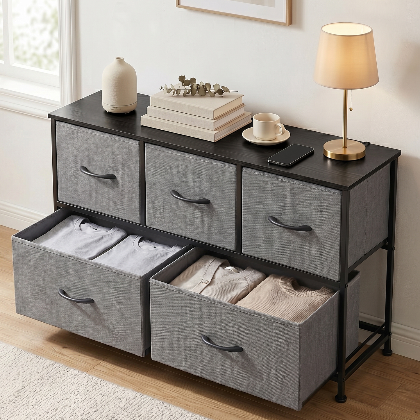 SOLACE FURNITURE Modern Dresser with 5 Fabric Drawers,TV Stand for 45" TV with Wooden Top for Bedroom,Living Room