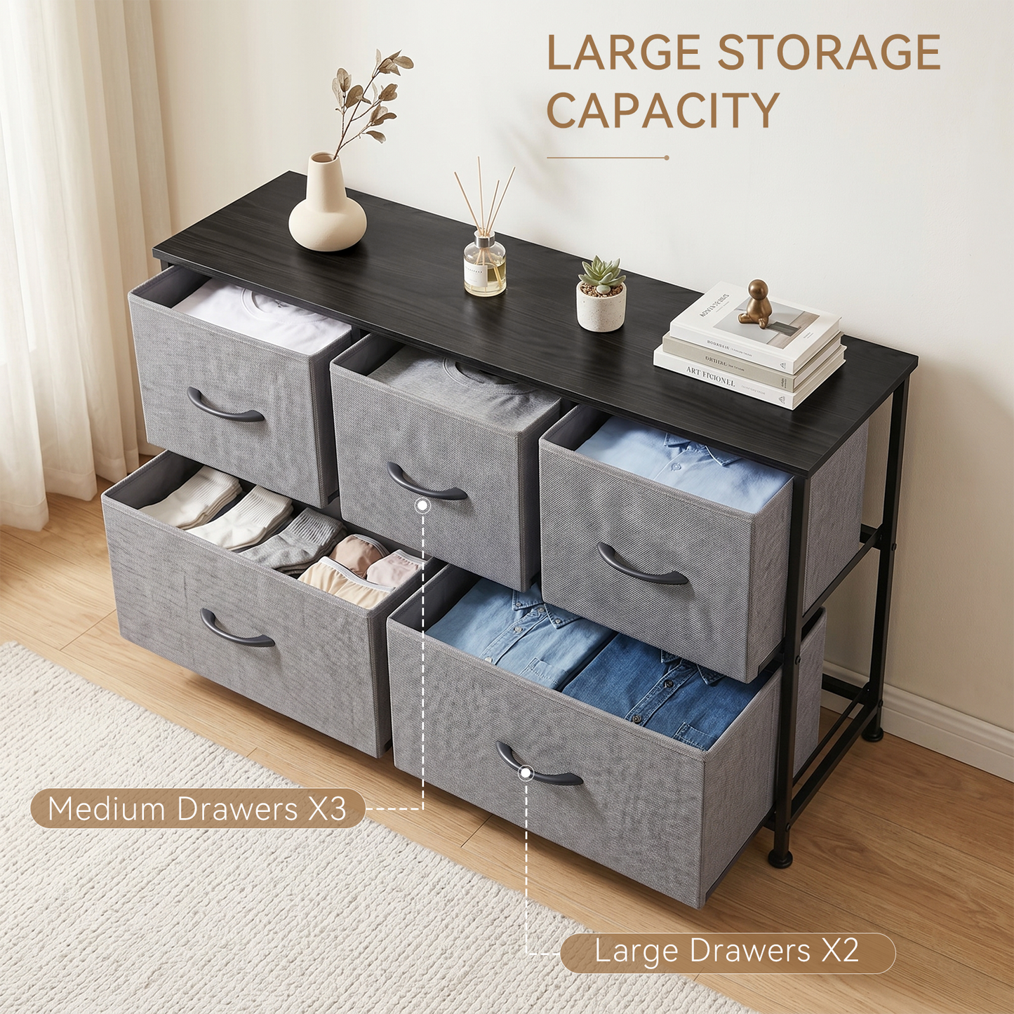 SOLACE FURNITURE Modern Dresser with 5 Fabric Drawers,TV Stand for 45" TV with Wooden Top for Bedroom,Living Room
