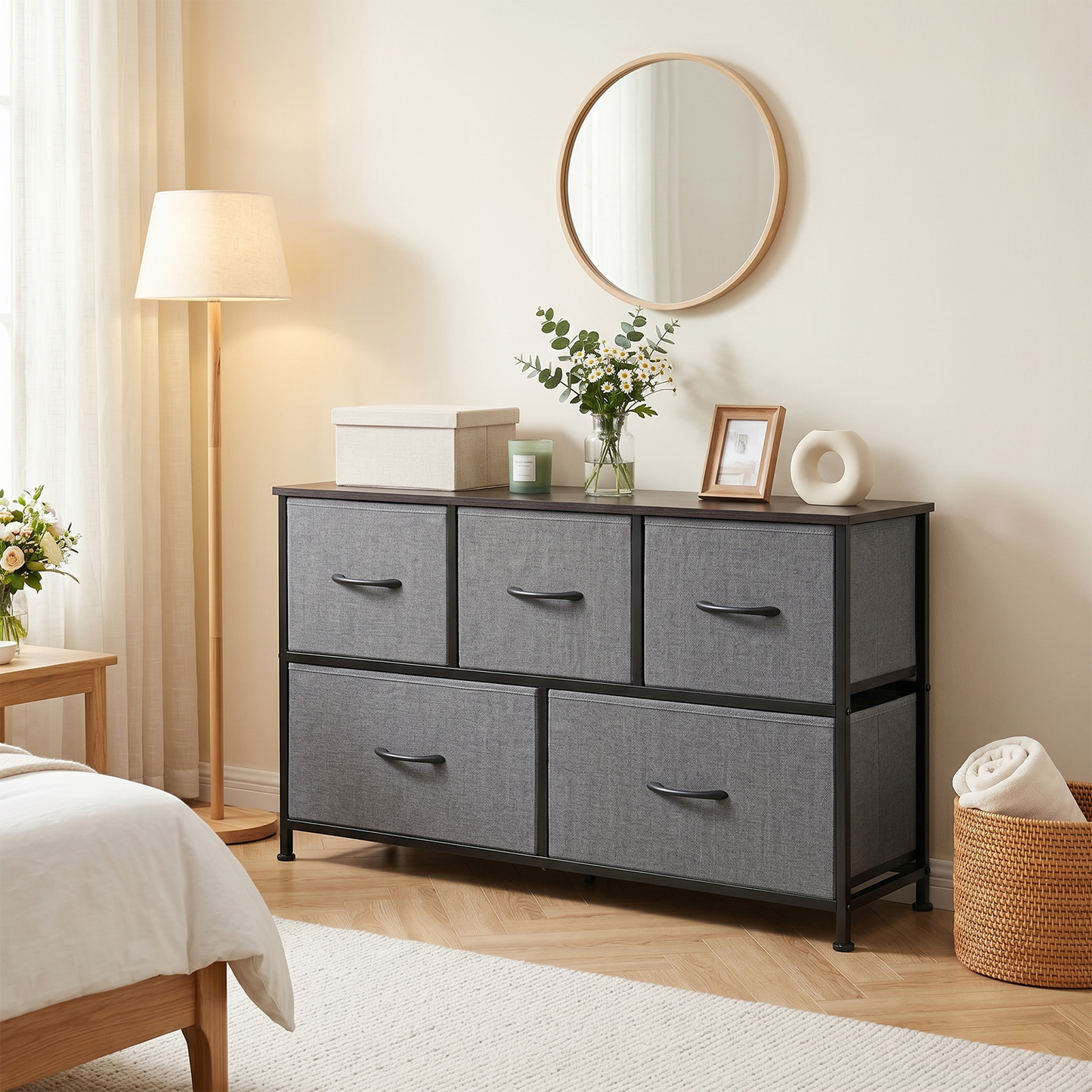 SOLACE FURNITURE Modern Dresser with 5 Fabric Drawers,TV Stand for 45" TV with Wooden Top for Bedroom,Living Room