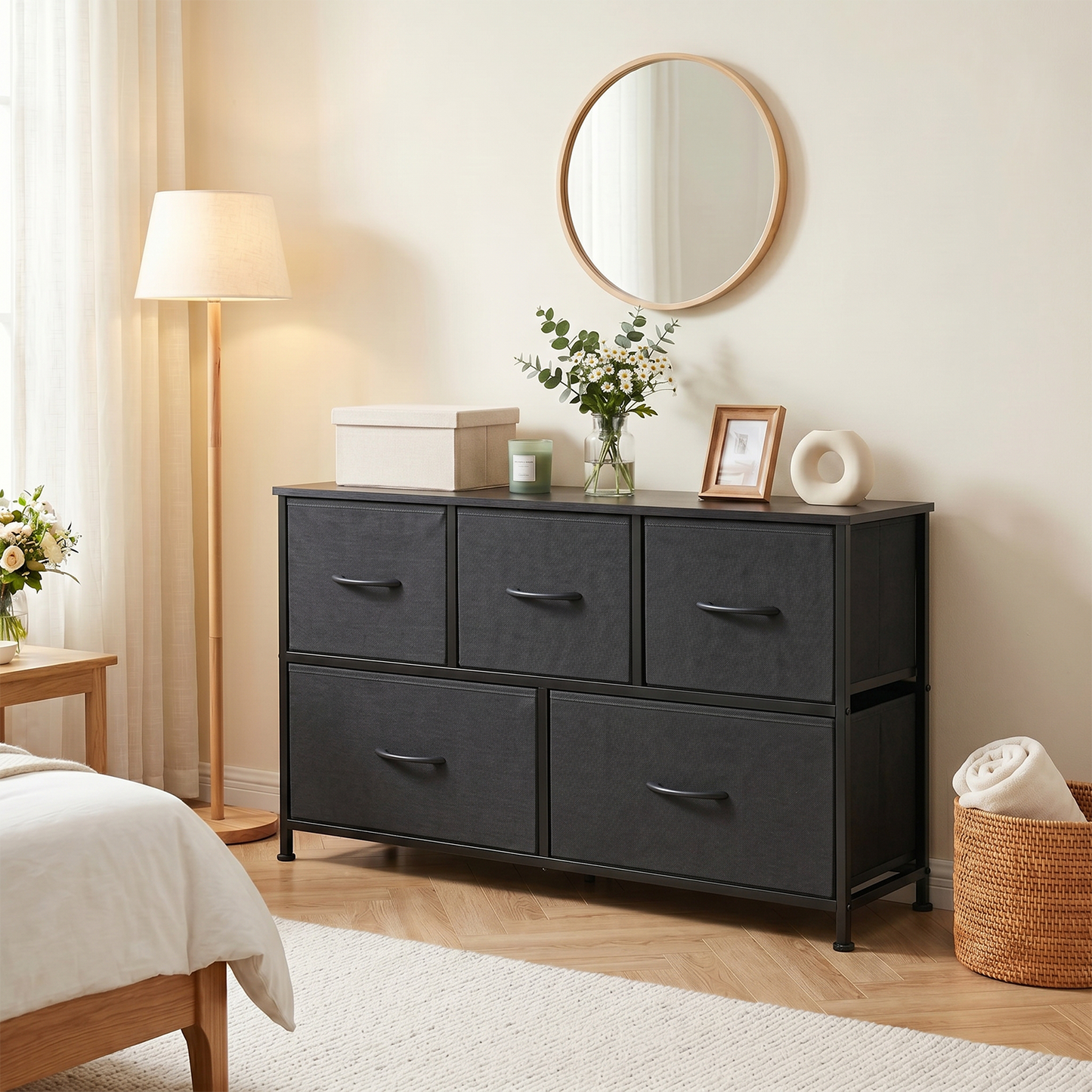 SOLACE FURNITURE Modern Dresser with 5 Fabric Drawers,TV Stand for 45" TV with Wooden Top for Bedroom,Living Room