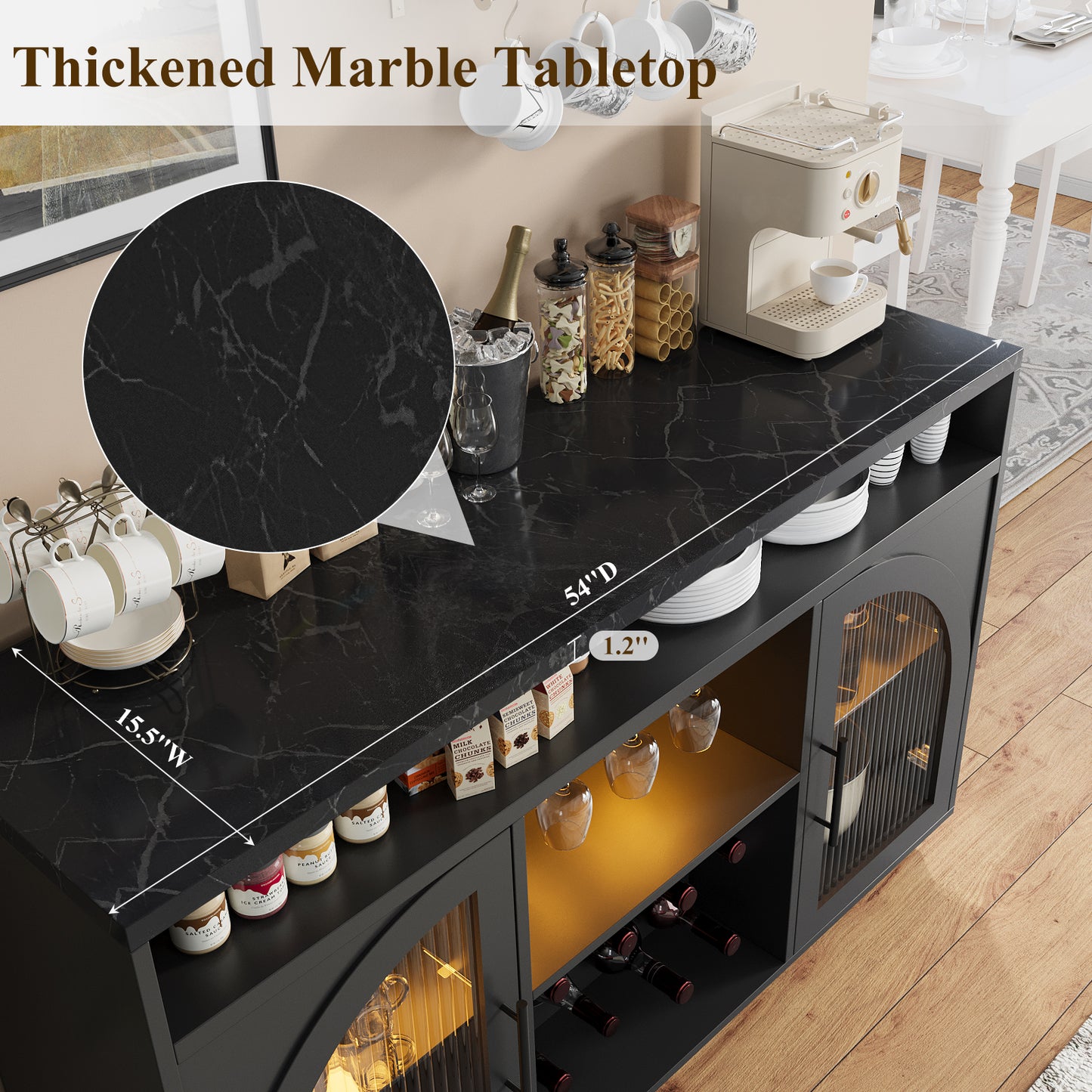 SOLACE FURNITURE Sideboard Buffet Cabinet, 54" Kitchen Cabinet with LED Lights & Arched Glass Doors