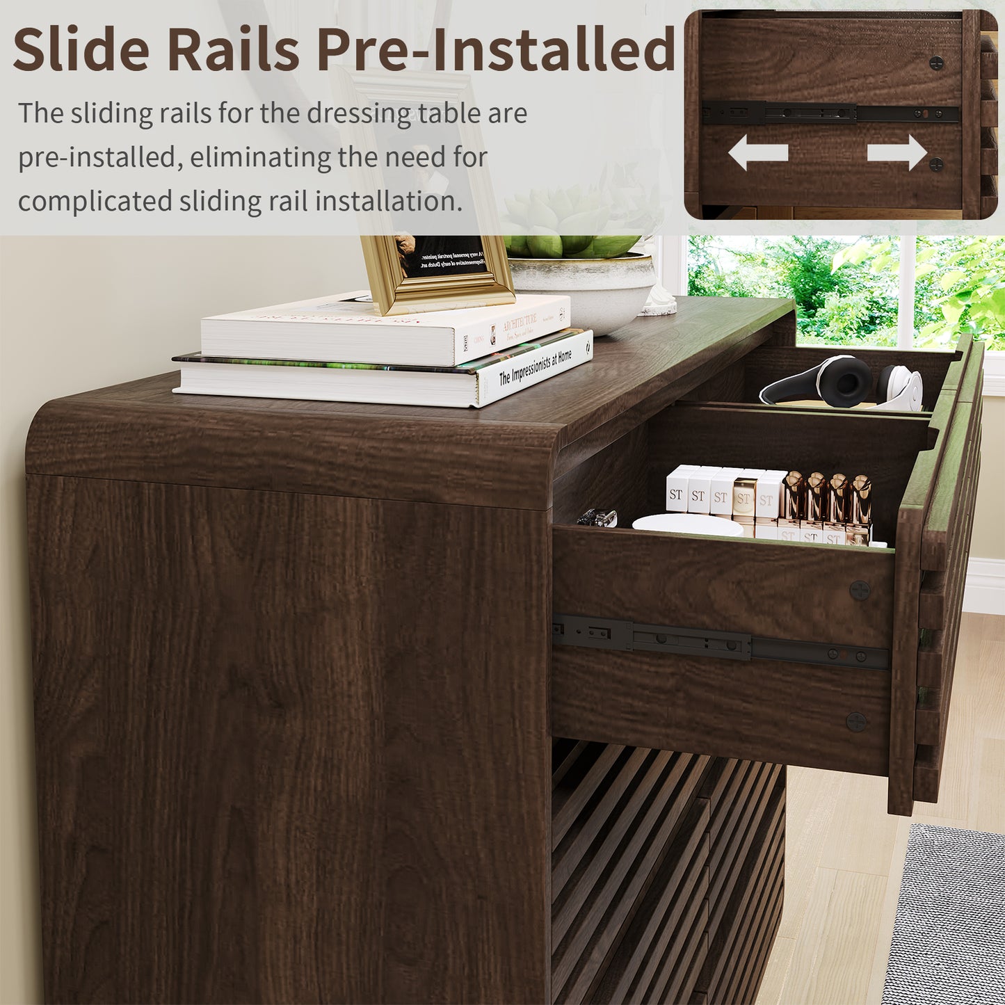 Fluted Dresser for Bedroom, Wide 8 Drawers Dresser, Chests of Drawers with Grille & Curved Design