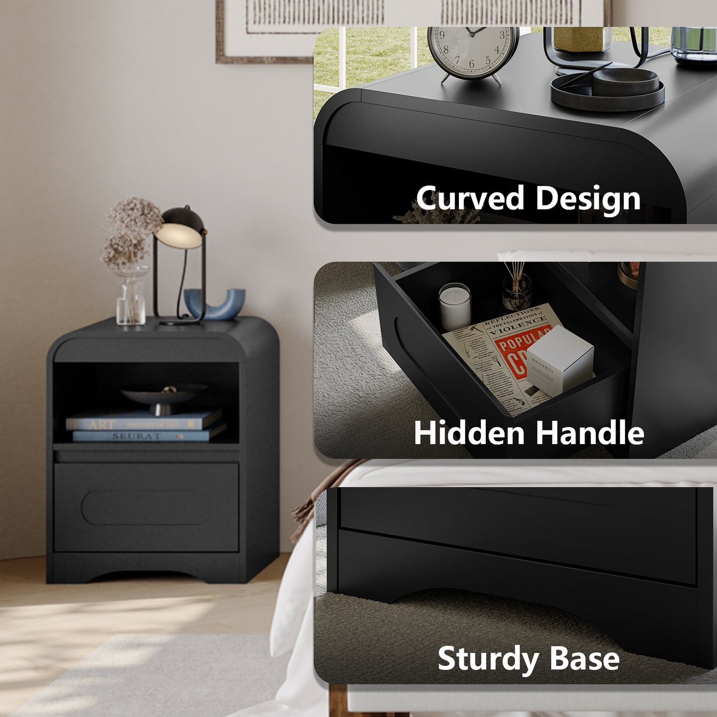 Night Stands for Bedroom Living Room with Drawer Storage Curved Bed Side Table