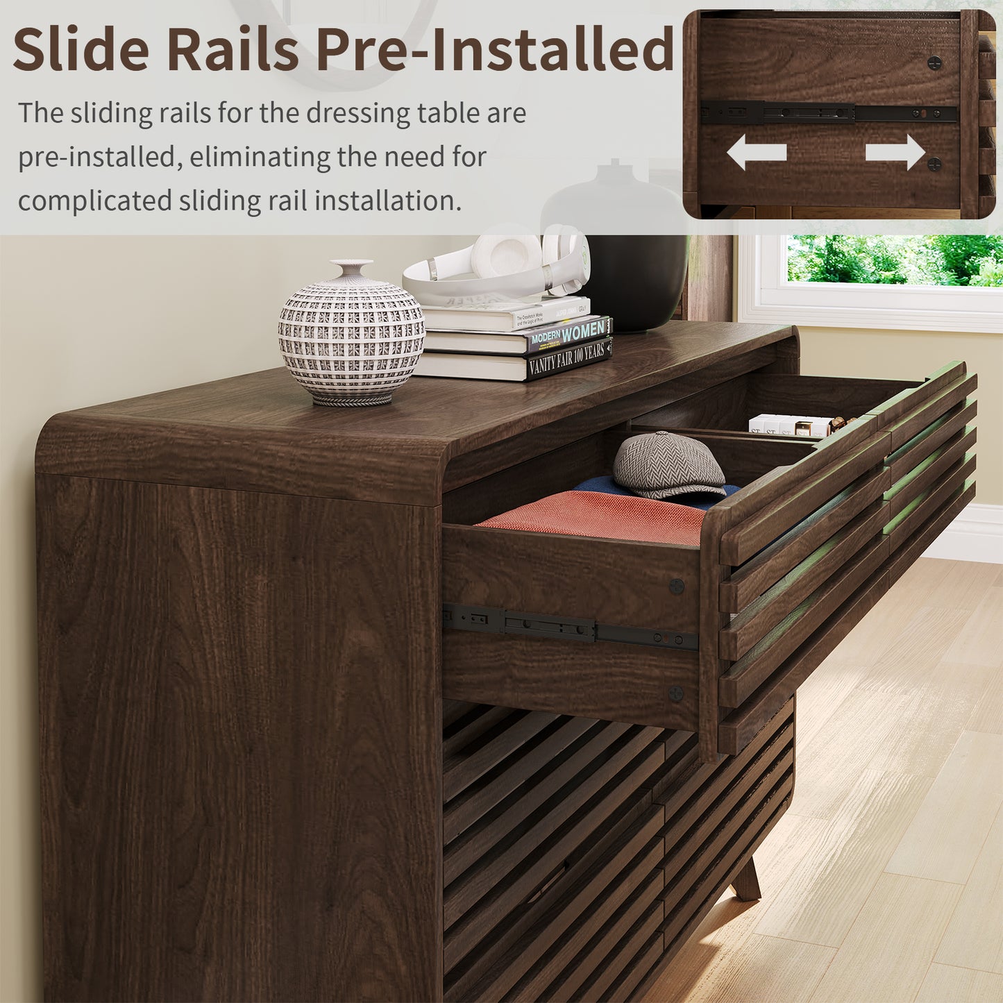 Fluted Dresser for Bedroom, Wide 6 Drawers Dresser, Chests of Drawers with Grille