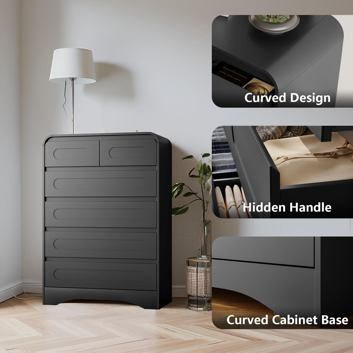 SOLACE FURNITURE 44" Tall 6 Drawers Chest, Modern Wooed Closet Storage Dressers for Bedroom