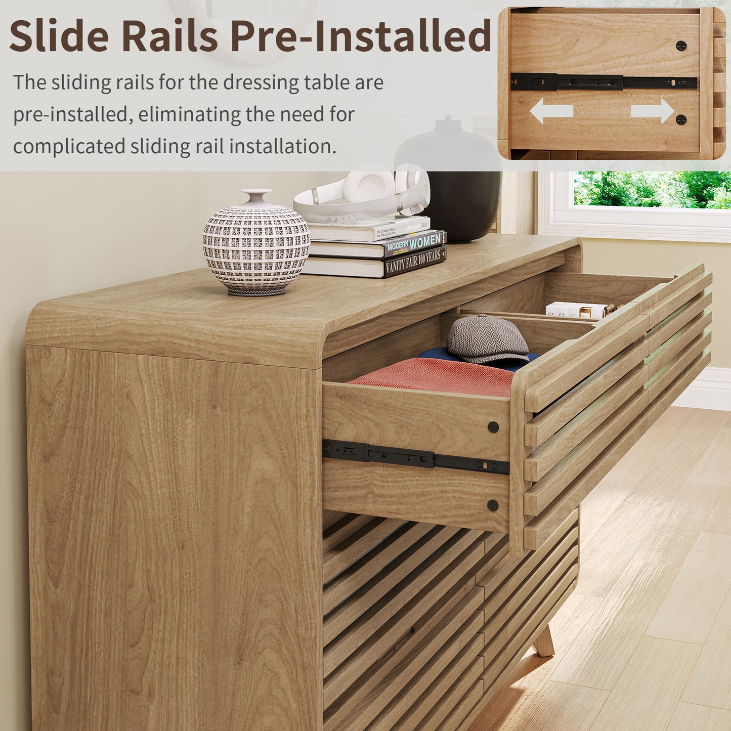 Fluted Dresser for Bedroom, Wide 6 Drawers Dresser, Chests of Drawers with Grille